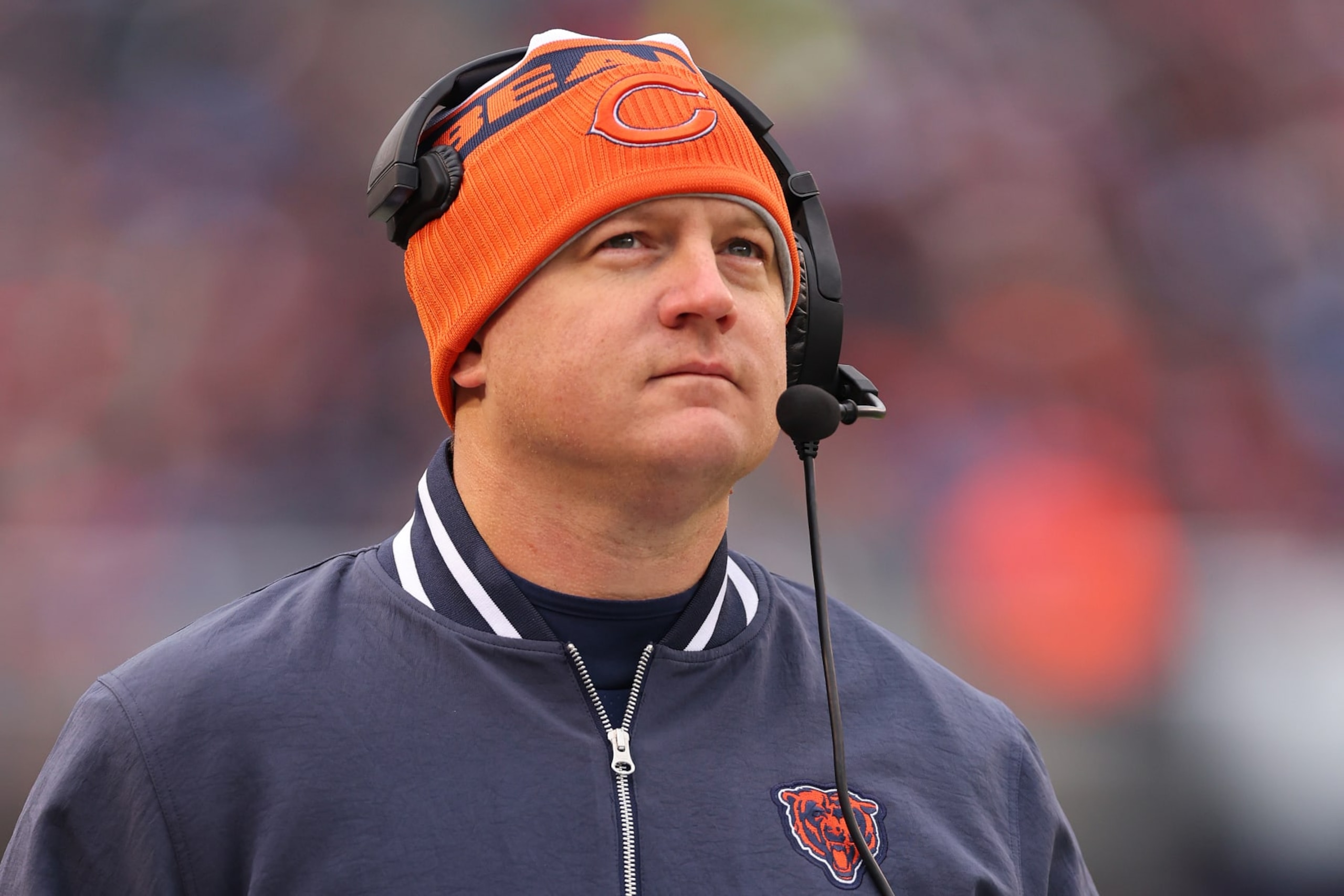 CHICAGO, ILLINOIS - DECEMBER 10: Offensive coordinator Luke Getsy of the Chicago Bears looks on against the Detroit Lions during the first half at Soldier Field on December 10, 2023 in Chicago, Illinois. (Photo by Michael Reaves/Getty Images)