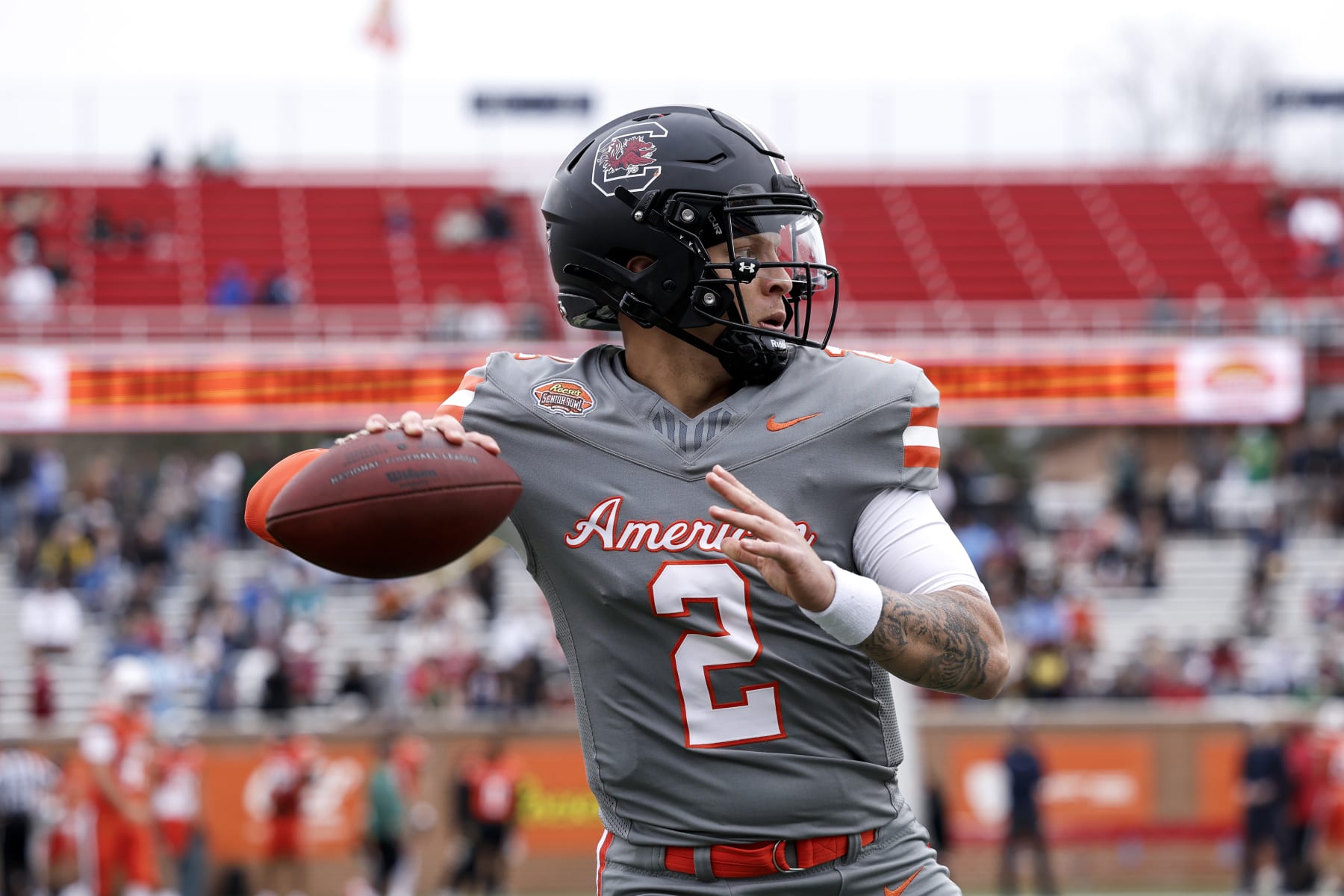 MOBILE, AL - FEBRUARY 03: Quarterback Spencer Rattler #2 of South Carolina from the American Team warms up before the 2024 Reese's Senior Bowl at Hancock Whitney Stadium on the campus of the University of South Alabama on February 3, 2024 in Mobile, Alabama. The National Team defeated the American Team 16 to 7. (Photo by Don Juan Moore/Getty Images)