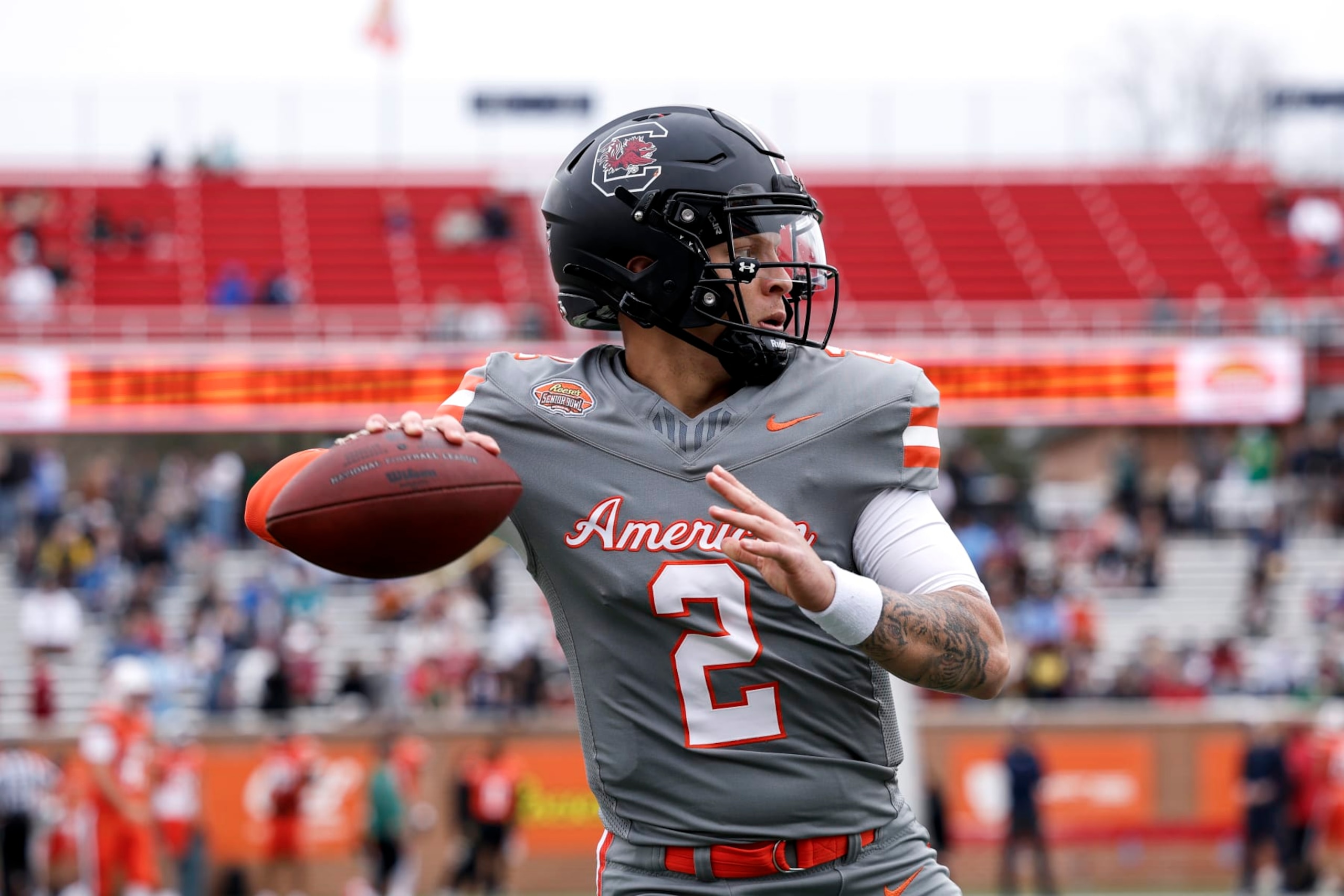 MOBILE, AL - FEBRUARY 03: Quarterback Spencer Rattler #2 of South Carolina from the American Team warms up before the 2024 Reese's Senior Bowl at Hancock Whitney Stadium on the campus of the University of South Alabama on February 3, 2024 in Mobile, Alabama. The National Team defeated the American Team 16 to 7. (Photo by Don Juan Moore/Getty Images) MOBILE, AL - FEBRUARY 03: Quarterback Spencer Rattler #2 of South Carolina from the American Team warms up before the 2024 Reese's Senior Bowl at Hancock Whitney Stadium on the campus of the University of South Alabama on February 3, 2024 in Mobile, Alabama. The National Team defeated the American Team 16 to 7. (Photo by Don Juan Moore/Getty Images)