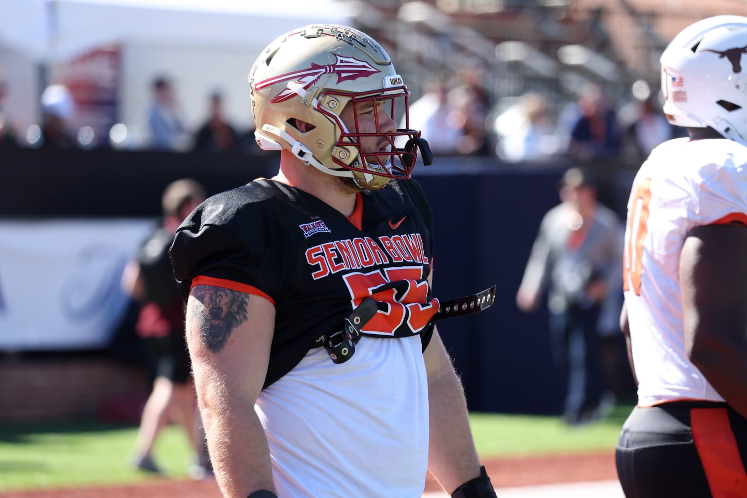MOBILE, AL - JANUARY 31: American defensive lineman Braden Fiske of Florida State (55) during the American Team practice for the Reese's Senior Bowl on January 31, 2024 at Hancock Whitney Stadium in Mobile, Alabama. (Photo by Michael Wade/Icon Sportswire via Getty Images) MOBILE, AL - JANUARY 31: American defensive lineman Braden Fiske of Florida State (55) during the American Team practice for the Reese's Senior Bowl on January 31, 2024 at Hancock Whitney Stadium in Mobile, Alabama. (Photo by Michael Wade/Icon Sportswire via Getty Images)