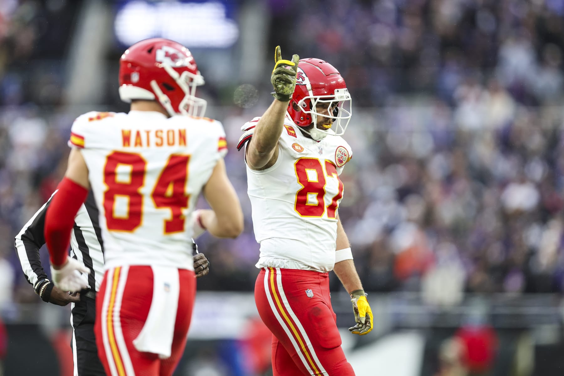 BALTIMORE, MD - JANUARY 28: Travis Kelce #87 of the Kansas City Chiefs celebrates during the AFC Championship NFL football game against the Baltimore Ravens at M&T Bank Stadium on January 28, 2024 in Baltimore, Maryland. (Photo by Perry Knotts/Getty Images)