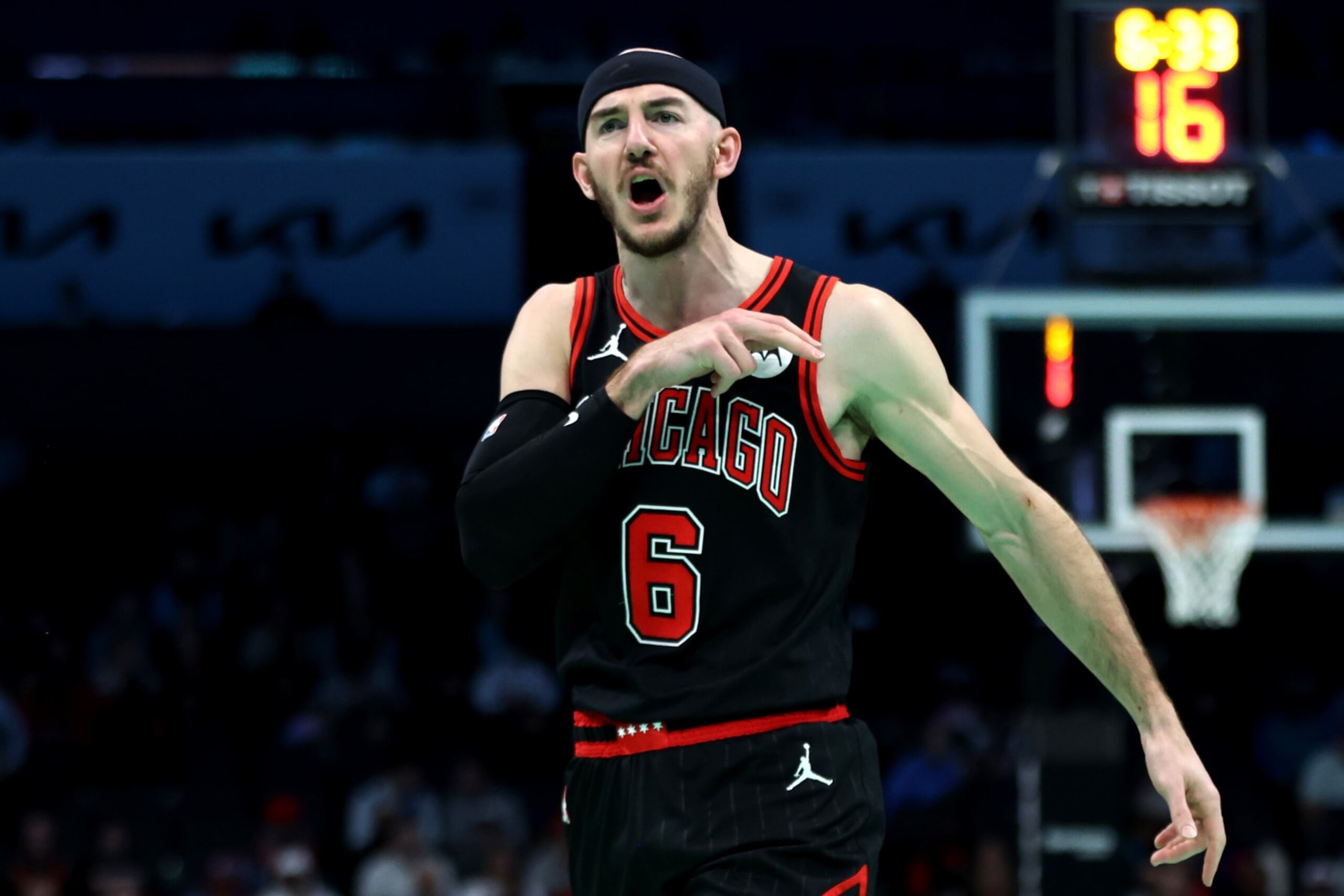 CHARLOTTE, NORTH CAROLINA - JANUARY 31: Alex Caruso #6 of the Chicago Bulls reacts during the second half of an NBA game against the Charlotte Hornets at Spectrum Center on January 31, 2024 in Charlotte, North Carolina. NOTE TO USER: User expressly acknowledges and agrees that, by downloading and or using this photograph, User is consenting to the terms and conditions of the Getty Images License Agreement. (Photo by David Jensen/Getty Images)