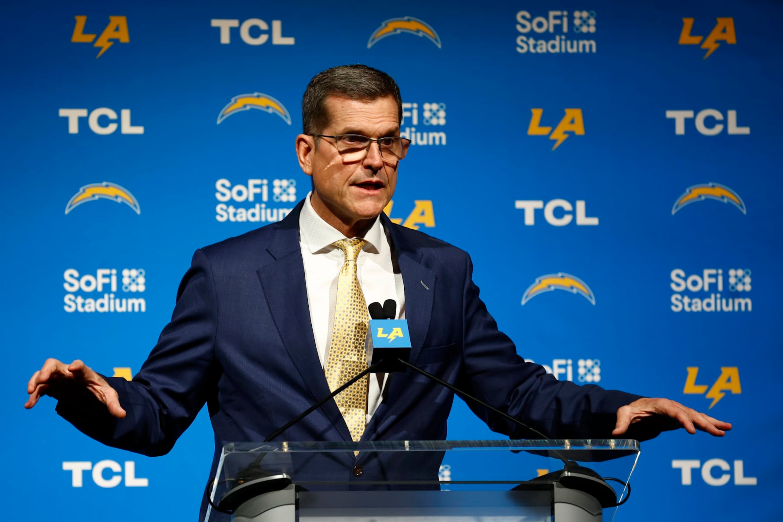 INGLEWOOD, CALIFORNIA - FEBRUARY 01: Newly appointed head coach Jim Harbaugh of the Los Angeles Chargers speaks to the media during a press conference at YouTube Theater on February 01, 2024 in Inglewood, California. (Photo by Ronald Martinez/Getty Images)