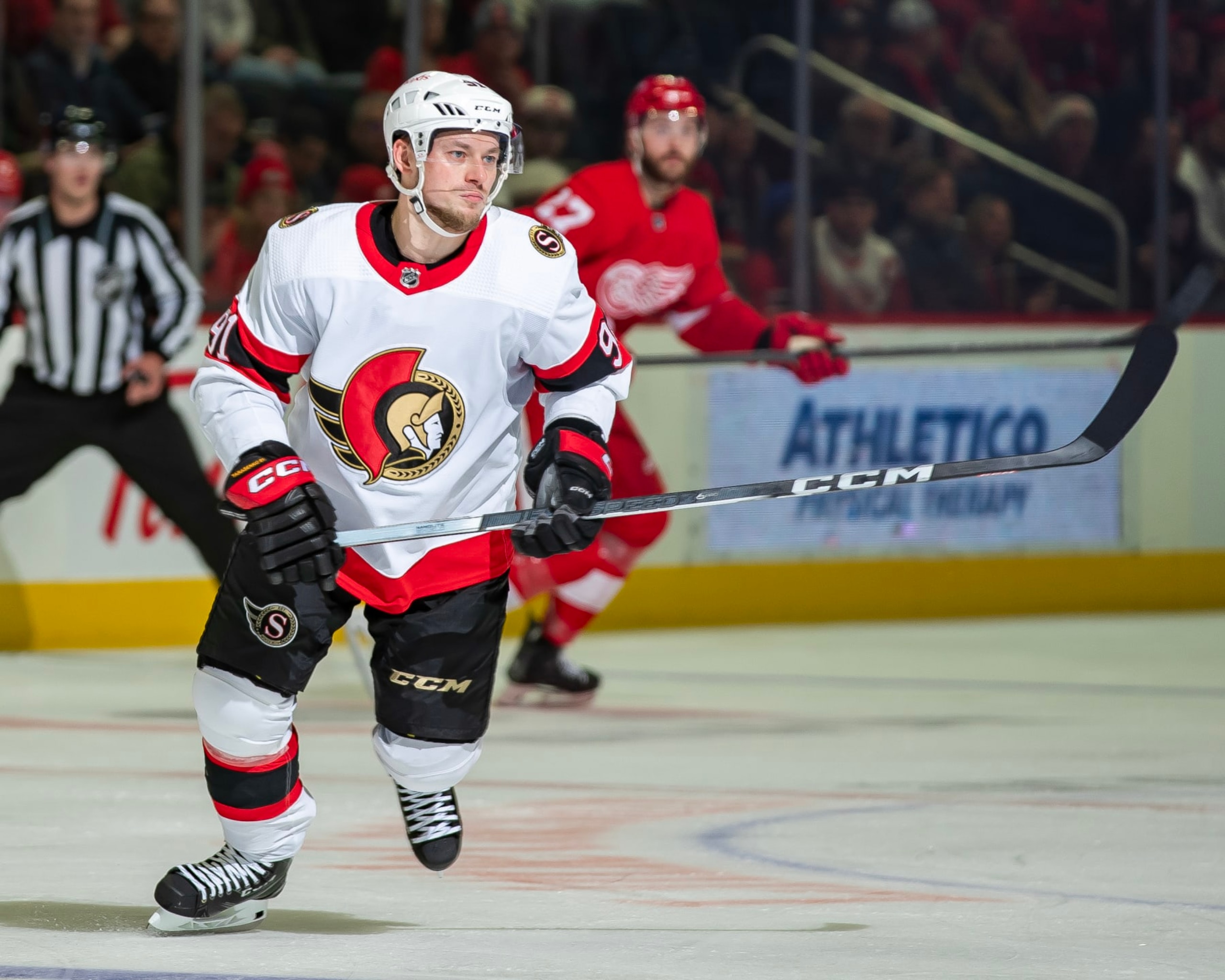 DETROIT, MI - JANUARY 31: Vladimir Tarasenko #91 of the Ottawa Senators follows the play against the Detroit Red Wings during the second period at Little Caesars Arena on January 31, 2024 in Detroit, Michigan. Ottawa defeated Detroit in O.T. 3-2. (Photo by Dave Reginek/NHLI via Getty Images) DETROIT, MI - JANUARY 31: Vladimir Tarasenko #91 of the Ottawa Senators follows the play against the Detroit Red Wings during the second period at Little Caesars Arena on January 31, 2024 in Detroit, Michigan. Ottawa defeated Detroit in O.T. 3-2. (Photo by Dave Reginek/NHLI via Getty Images)