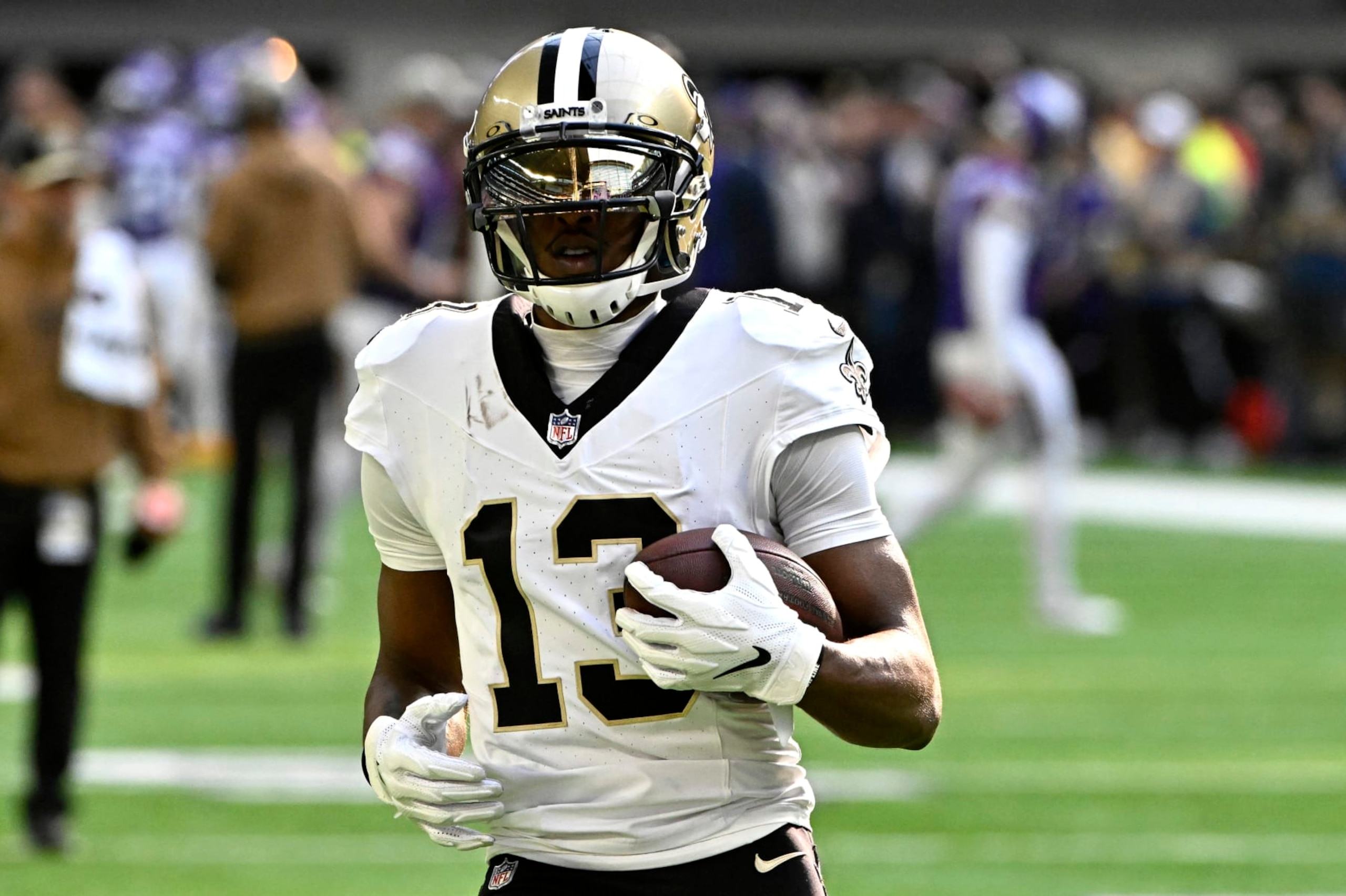 MINNEAPOLIS, MINNESOTA - NOVEMBER 12: Michael Thomas #13 of the New Orleans Saints warms up before the game against the Minnesota Vikings at U.S. Bank Stadium on November 12, 2023 in Minneapolis, Minnesota. (Photo by Stephen Maturen/Getty Images)