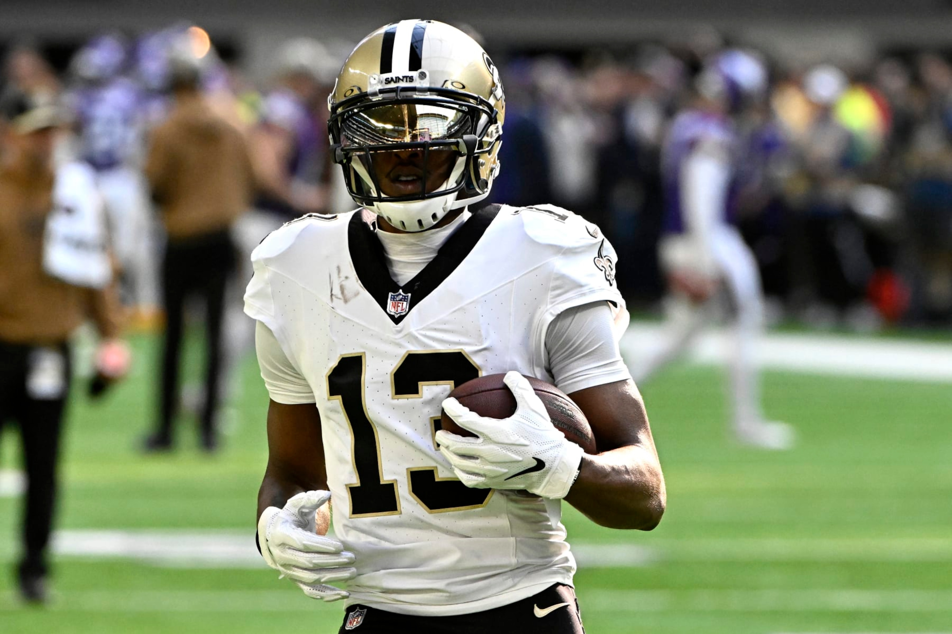 MINNEAPOLIS, MINNESOTA - NOVEMBER 12: Michael Thomas #13 of the New Orleans Saints warms up before the game against the Minnesota Vikings at U.S. Bank Stadium on November 12, 2023 in Minneapolis, Minnesota. (Photo by Stephen Maturen/Getty Images)