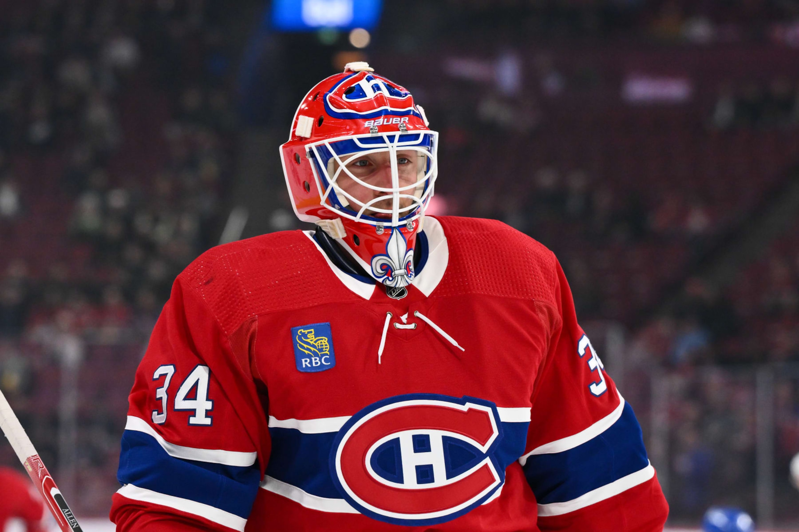 MONTREAL, CANADA - JANUARY 25: Jake Allen #34 of the Montreal Canadiens skates during warmups prior to the game against the New York Islanders at the Bell Centre on January 25, 2024 in Montreal, Quebec, Canada. The Montreal Canadiens defeated the New York Islanders 4-3. (Photo by Minas Panagiotakis/Getty Images) MONTREAL, CANADA - JANUARY 25: Jake Allen #34 of the Montreal Canadiens skates during warmups prior to the game against the New York Islanders at the Bell Centre on January 25, 2024 in Montreal, Quebec, Canada. The Montreal Canadiens defeated the New York Islanders 4-3. (Photo by Minas Panagiotakis/Getty Images)