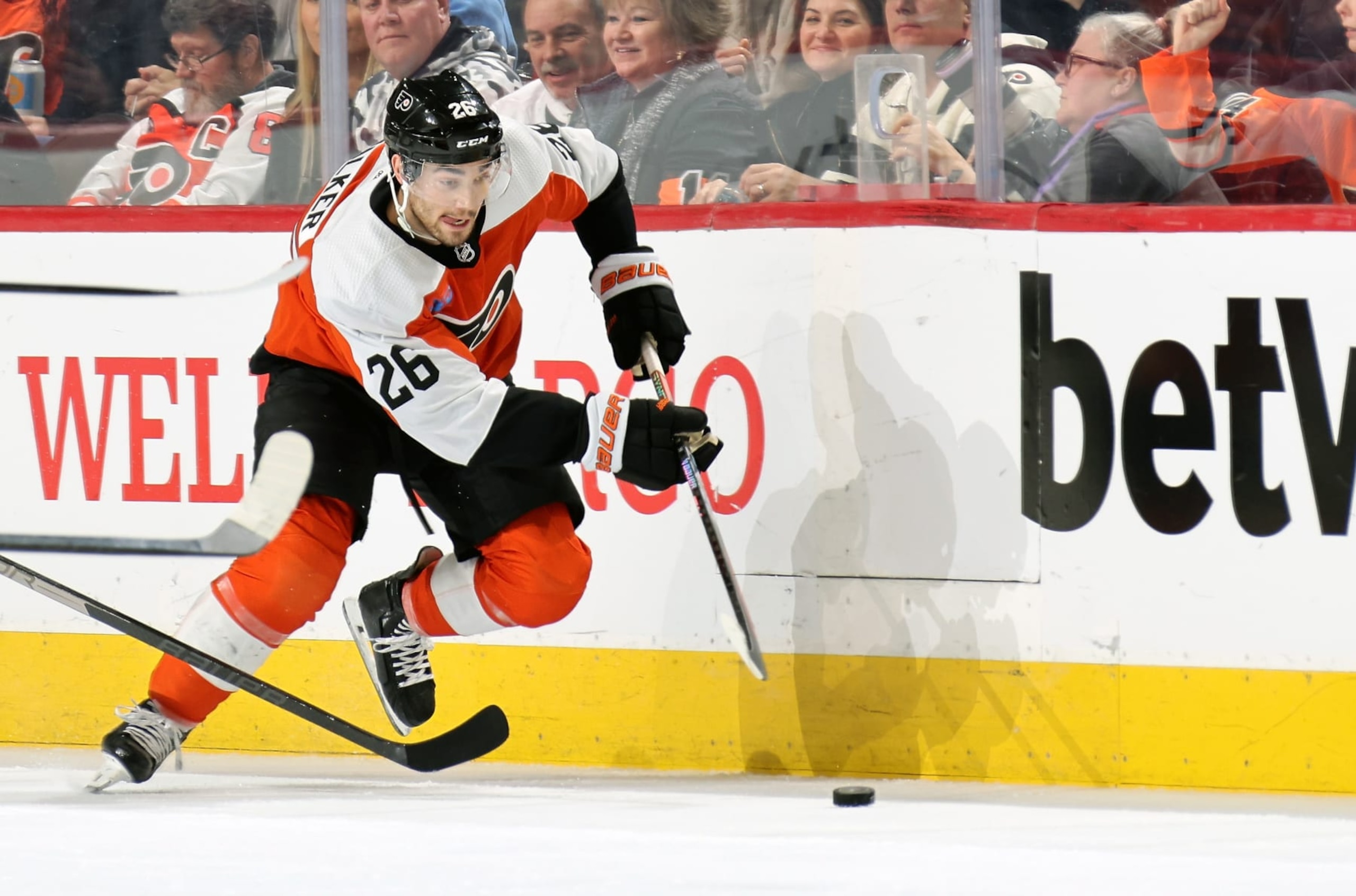 PHILADELPHIA, PENNSYLVANIA - JANUARY 23: Sean Walker #26 of the Philadelphia Flyers skates the puck against the Tampa Bay Lightning at the Wells Fargo Center on January 23, 2024 in Philadelphia, Pennsylvania. (Photo by Len Redkoles/NHLI via Getty Images) PHILADELPHIA, PENNSYLVANIA - JANUARY 23: Sean Walker #26 of the Philadelphia Flyers skates the puck against the Tampa Bay Lightning at the Wells Fargo Center on January 23, 2024 in Philadelphia, Pennsylvania. (Photo by Len Redkoles/NHLI via Getty Images)