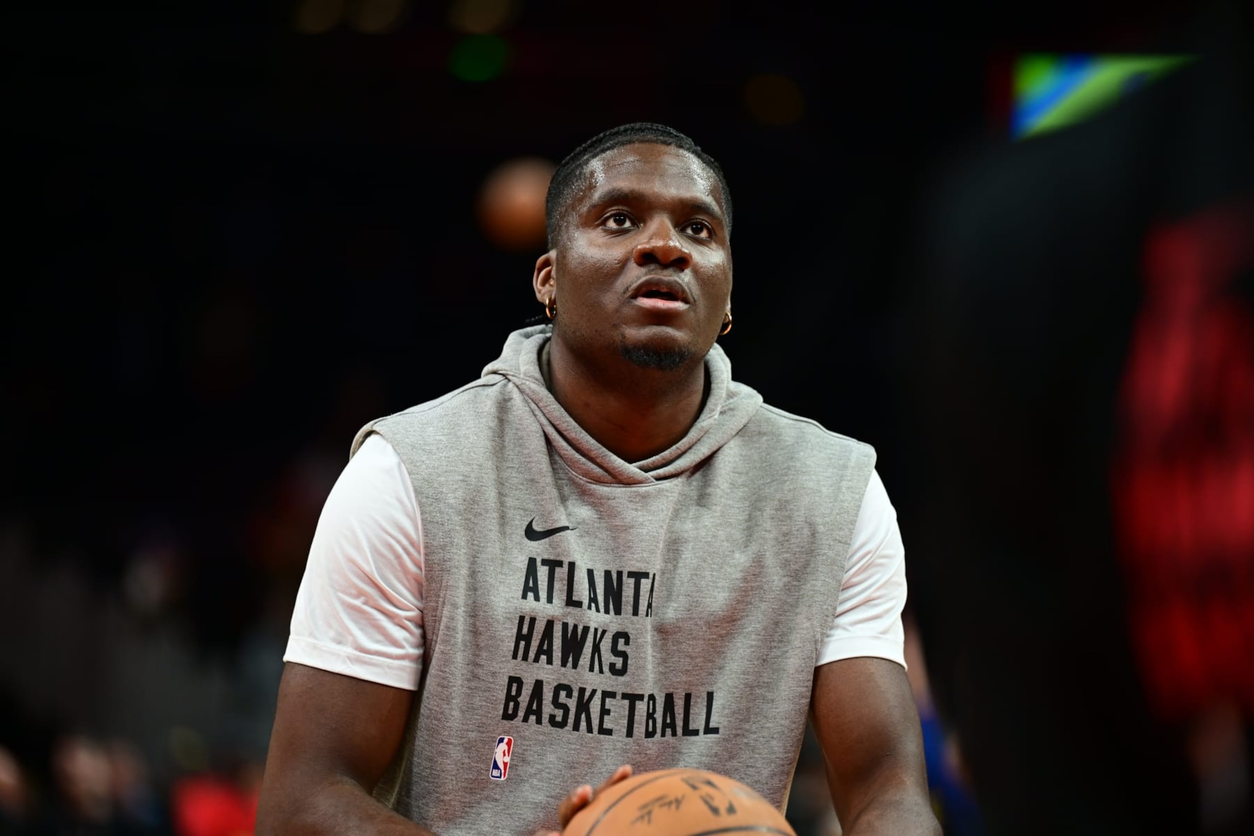 ATLANTA, GA - FEBRUARY 3: Clint Capela #15 of the Atlanta Hawks warms up before the game against the Golden State Warriors on February 3, 2024 at State Farm Arena in Atlanta, Georgia.  NOTE TO USER: User expressly acknowledges and agrees that, by downloading and/or using this Photograph, user is consenting to the terms and conditions of the Getty Images License Agreement. Mandatory Copyright Notice: Copyright 2024 NBAE (Photo by Adam Hagy/NBAE via Getty Images)