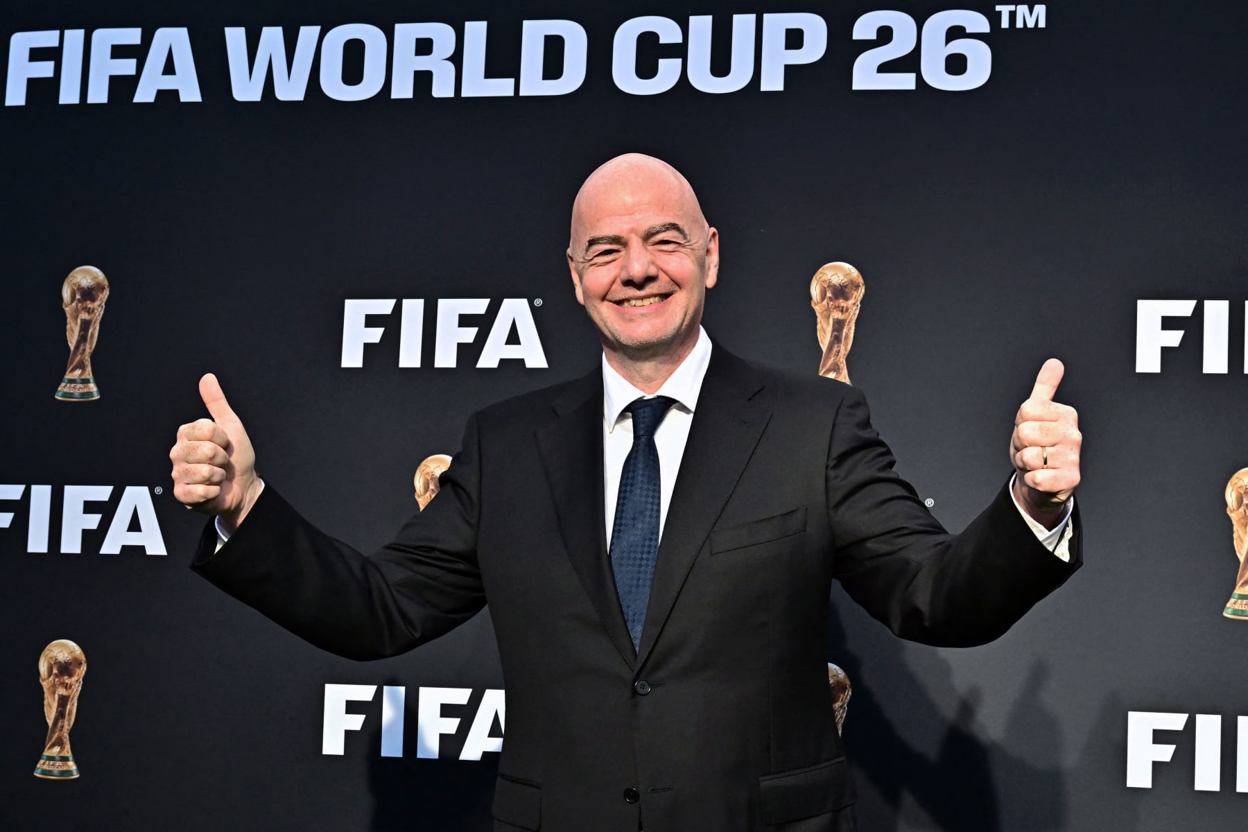 TOPSHOT - FIFA President Gianni Infantino arrives for the official FIFA World Cup 2026 brand #WeAre26 campaign launch in Los Angeles, California on May 17, 2023. With the launch of the #WeAre26 campaign, FIFA will unveil the official logo and brand identity of the 2026 World Cup and the 16 Host Cities, in Canada, Mexico, and the United States. The official competition branding will be accompanied by 16 special logos each relating to the host cities across the three countries. (Photo by Frederic J. BROWN / AFP) (Photo by FREDERIC J. BROWN/AFP via Getty Images)