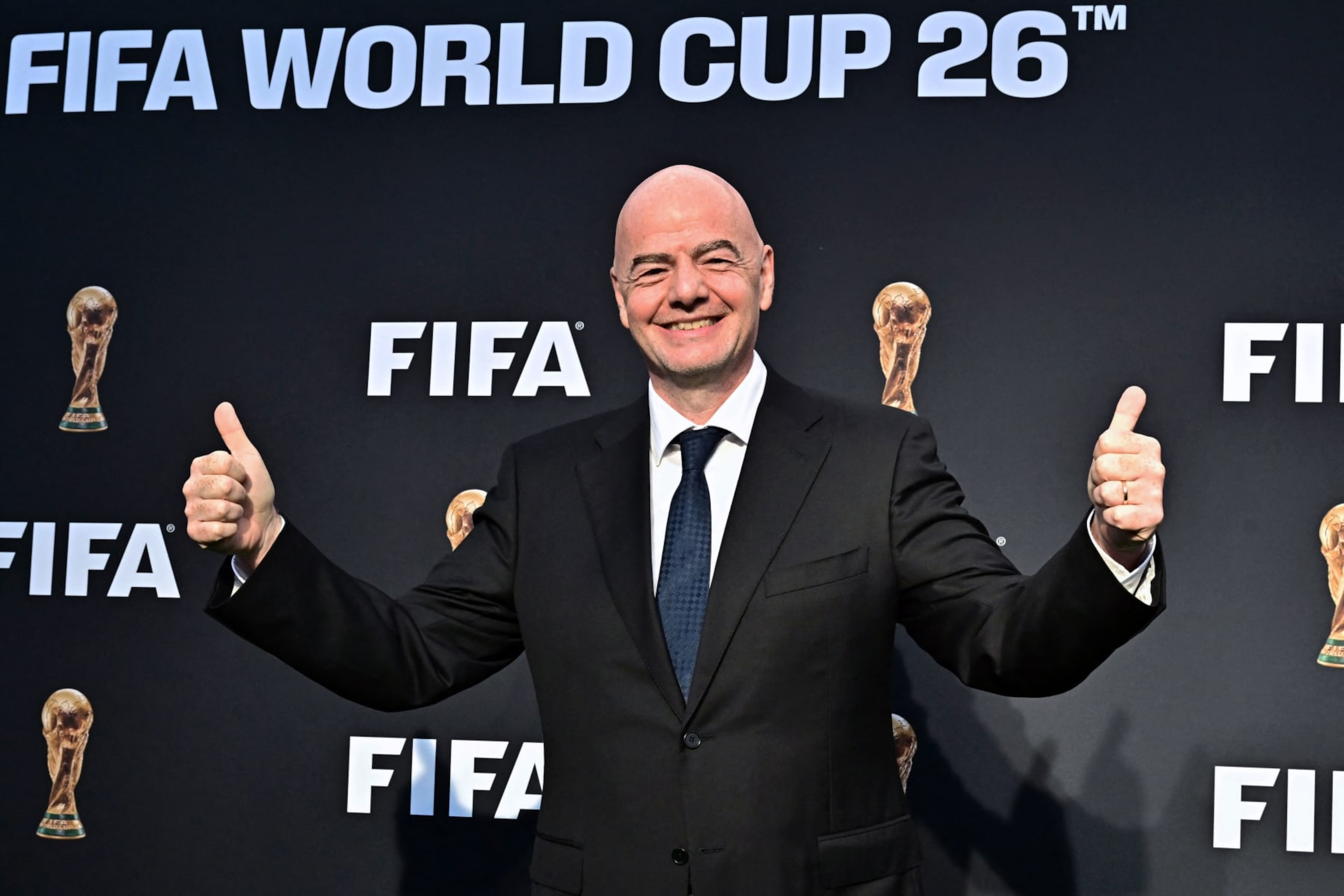 TOPSHOT - FIFA President Gianni Infantino arrives for the official FIFA World Cup 2026 brand #WeAre26 campaign launch in Los Angeles, California on May 17, 2023. With the launch of the #WeAre26 campaign, FIFA will unveil the official logo and brand identity of the 2026 World Cup and the 16 Host Cities, in Canada, Mexico, and the United States. The official competition branding will be accompanied by 16 special logos each relating to the host cities across the three countries. (Photo by Frederic J. BROWN / AFP) (Photo by FREDERIC J. BROWN/AFP via Getty Images) TOPSHOT - FIFA President Gianni Infantino arrives for the official FIFA World Cup 2026 brand #WeAre26 campaign launch in Los Angeles, California on May 17, 2023. With the launch of the #WeAre26 campaign, FIFA will unveil the official logo and brand identity of the 2026 World Cup and the 16 Host Cities, in Canada, Mexico, and the United States. The official competition branding will be accompanied by 16 special logos each relating to the host cities across the three countries. (Photo by Frederic J. BROWN / AFP) (Photo by FREDERIC J. BROWN/AFP via Getty Images)