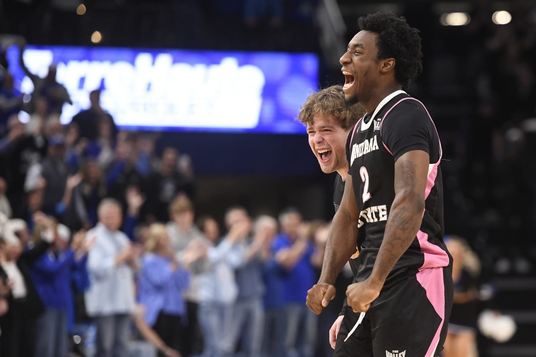 TERRE HAUTE, IN - FEBRUARY 03: Indiana State Sycamores Guard Isaiah Swope (2) celebrates at the end of the college basketball game between the Drake Bulldogs and the Indiana State Sycamores on February 3, 2024, at the Hulman Center in Terre Haute, Indiana. (Photo by Michael Allio/Icon Sportswire via Getty Images)