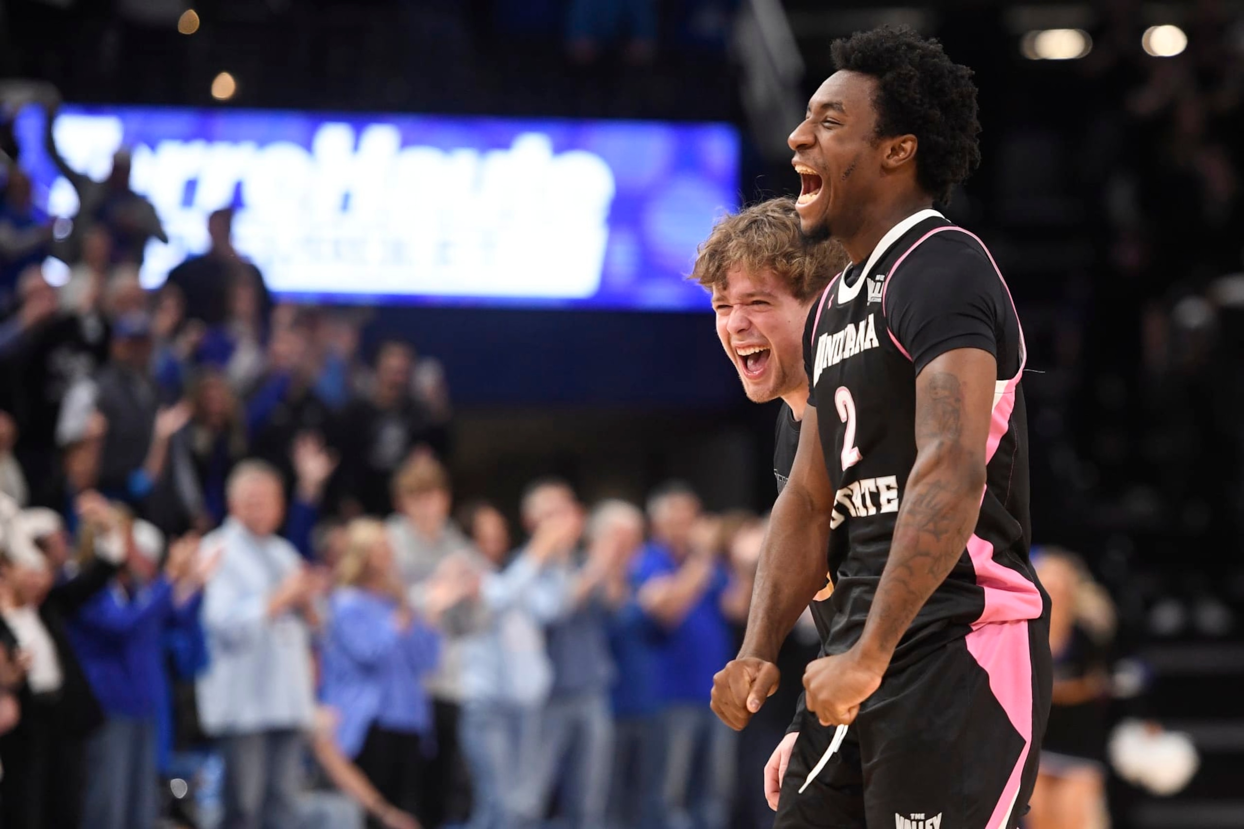 TERRE HAUTE, IN - FEBRUARY 03: Indiana State Sycamores Guard Isaiah Swope (2) celebrates at the end of the college basketball game between the Drake Bulldogs and the Indiana State Sycamores on February 3, 2024, at the Hulman Center in Terre Haute, Indiana. (Photo by Michael Allio/Icon Sportswire via Getty Images)