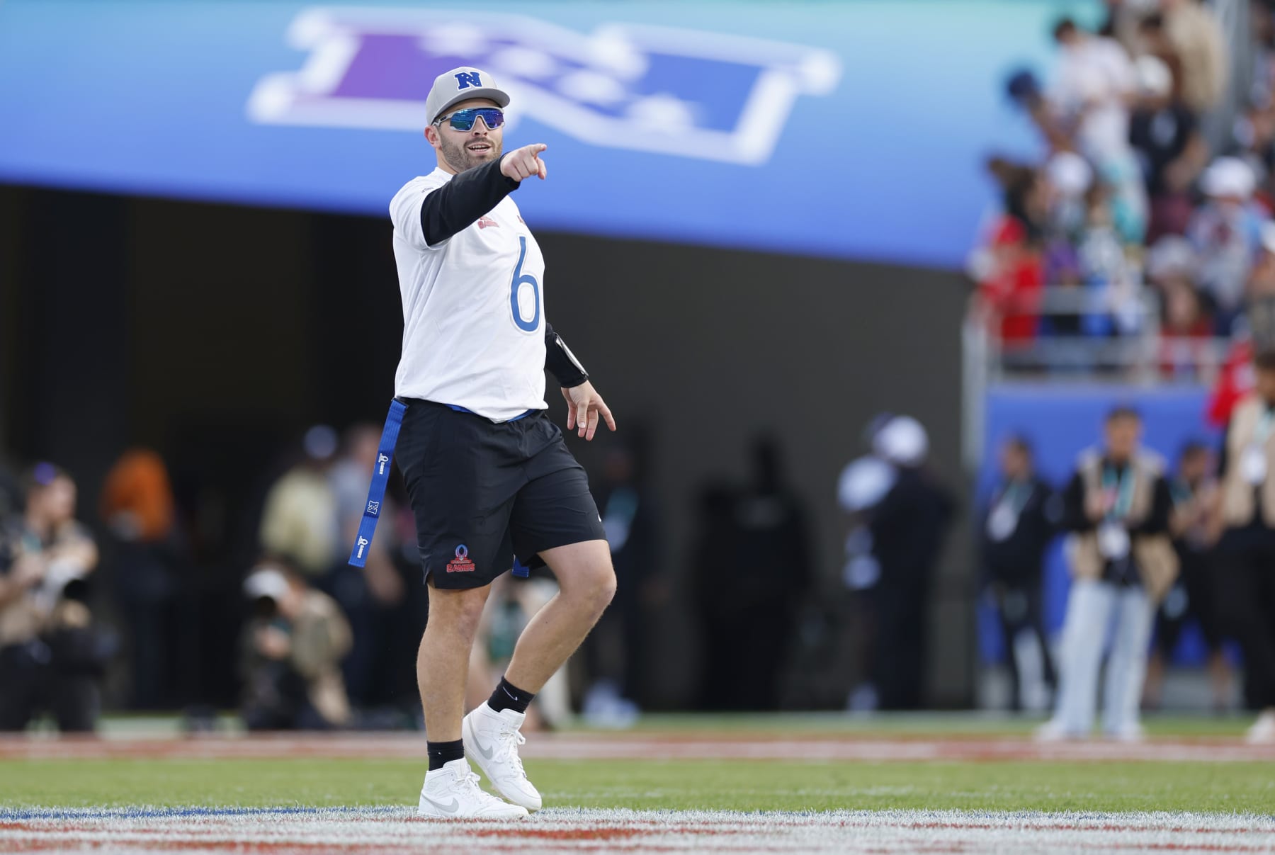 ORLANDO, FLORIDA - FEBRUARY 04: Baker Mayfield #6 of the Tampa Bay Buccaneers and NFC reacts during the 2024 NFL Pro Bowl Games at Camping World Stadium on February 04, 2024 in Orlando, Florida. (Photo by Mike Ehrmann/Getty Images)