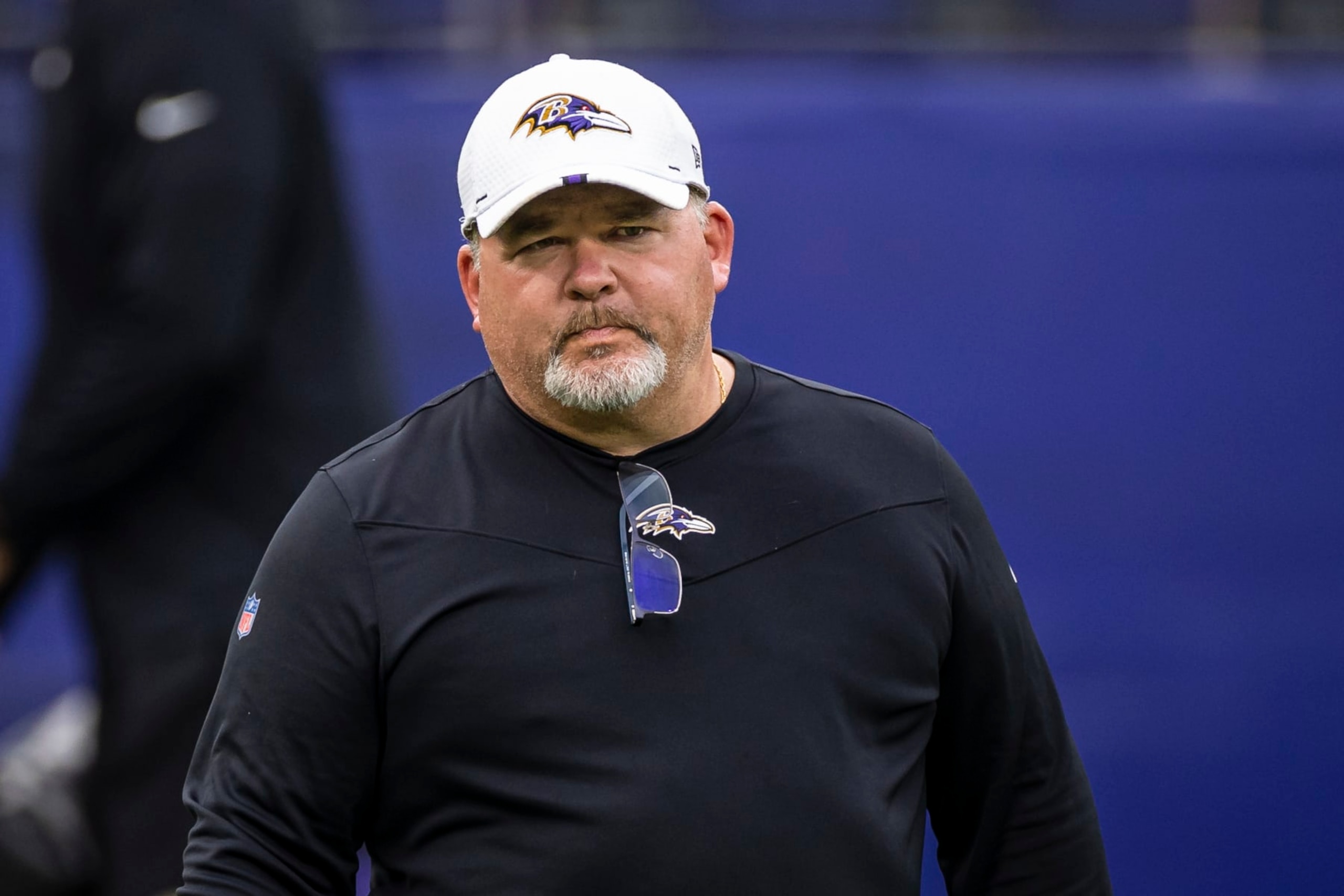 BALTIMORE, MD - JULY 31: Offensive coordinator Greg Roman of the Baltimore Ravens looks on during training camp at M&T Bank Stadium on July 31, 2021 in Baltimore, Maryland. (Photo by Scott Taetsch/Getty Images)