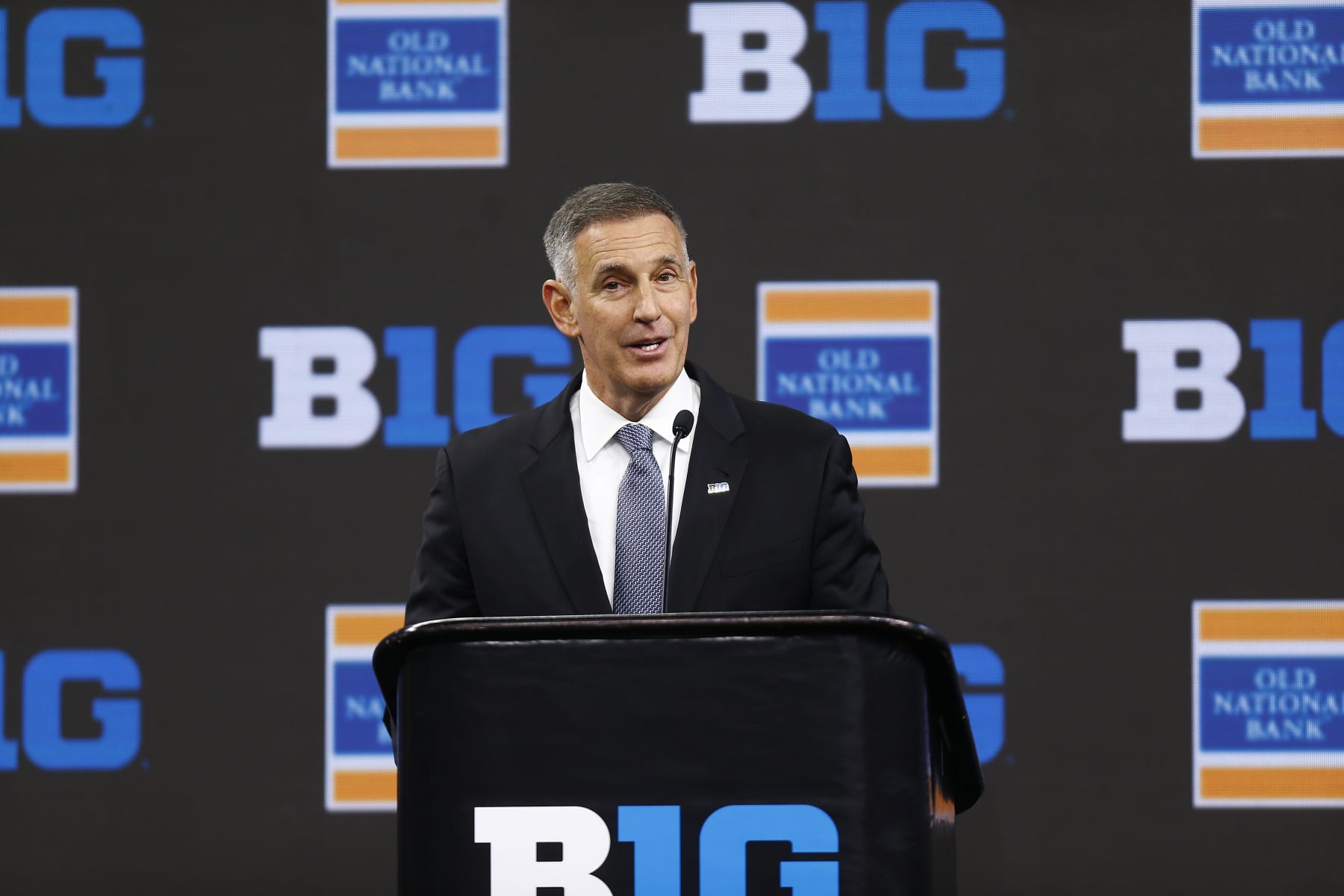 INDIANAPOLIS, IN - JULY 26: Big Ten Conference Commissioner Tony Petitti speaks during the Big Ten Conference Media Days on July 26, 2023 at Lucas Oil Stadium in Indianapolis, IN. (Photo by Jeffrey Brown/Icon Sportswire via Getty Images)