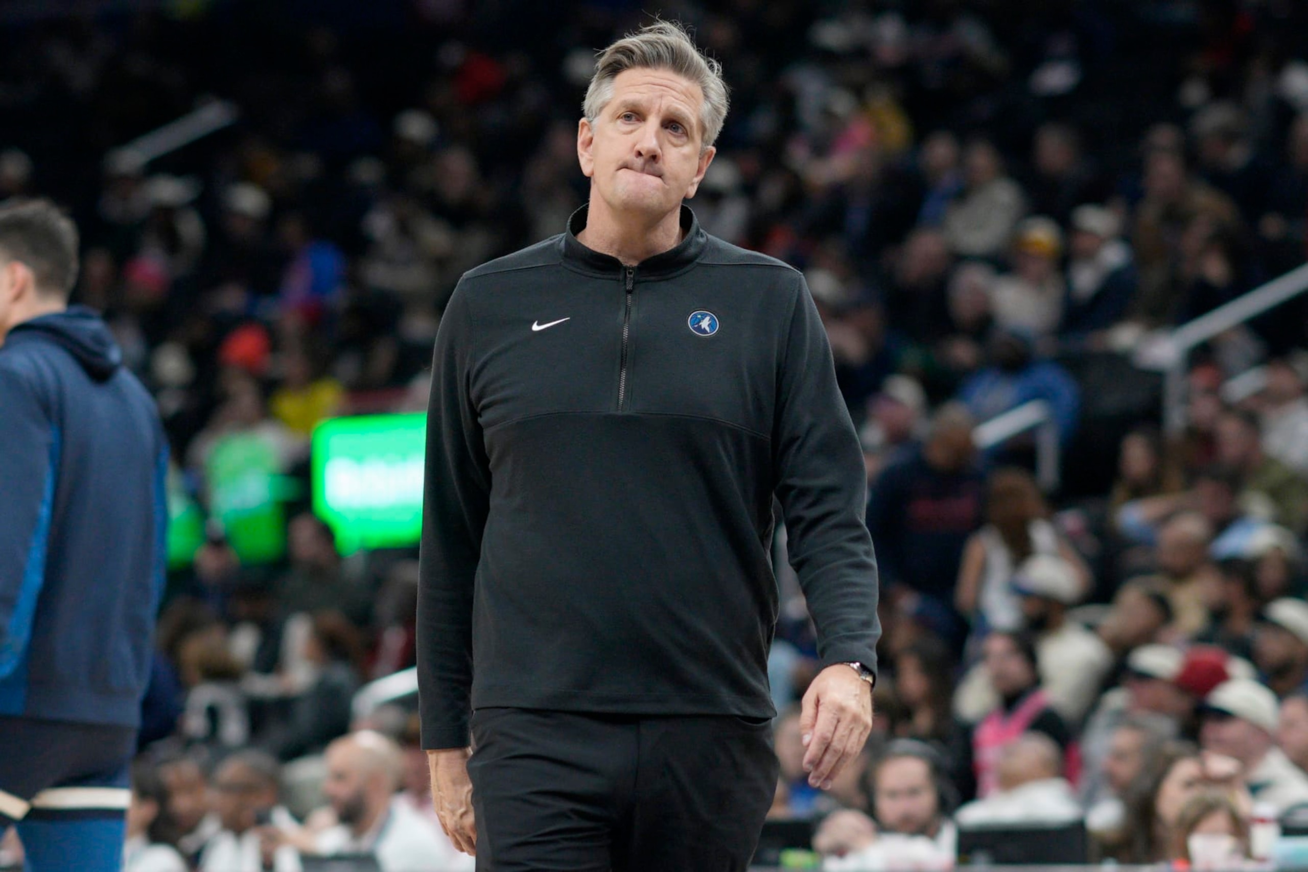 WASHINGTON, DC - JANUARY 24: Chris Finch of the Minnesota Timberwolves looks on during a timeout in the second half against the Washington Wizards at Capital One Arena on January 24, 2024 in Washington, DC. NOTE TO USER: User expressly acknowledges and agrees that, by downloading and or using this photograph, User is consenting to the terms and conditions of the Getty Images License Agreement. (Photo by Jess Rapfogel/Getty Images)