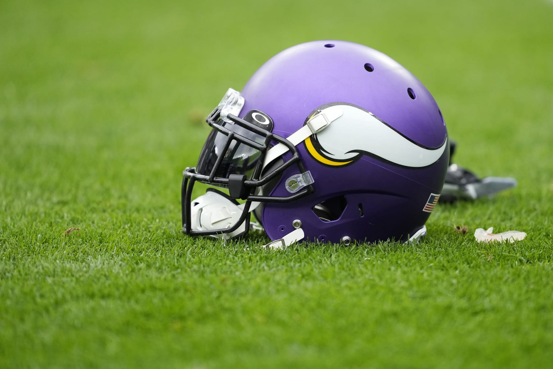 GREEN BAY, WISCONSIN - OCTOBER 29: A Minnesota Vikings helmet sits on the field before a game against the Green Bay Packers at Lambeau Field on October 29, 2023 in Green Bay, Wisconsin. (Photo by Patrick McDermott/Getty Images)
