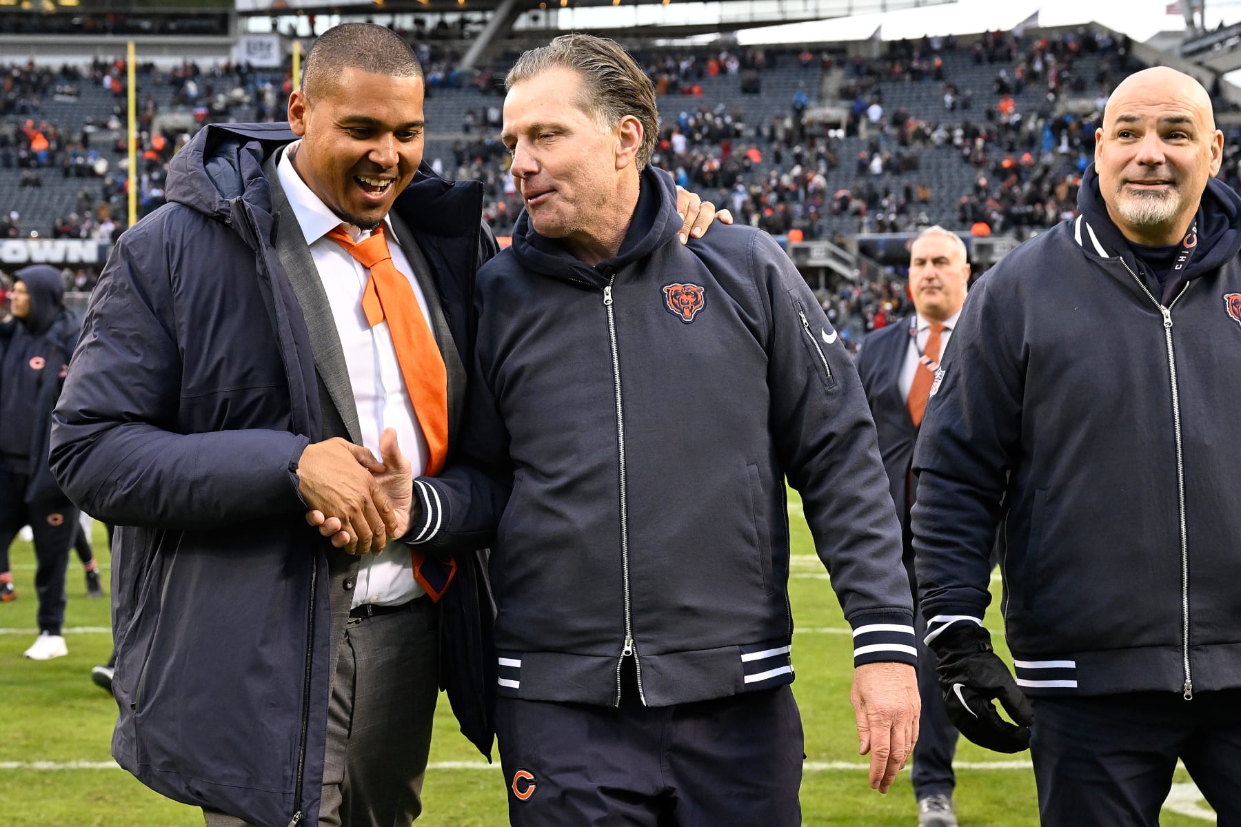 CHICAGO, ILLINOIS - DECEMBER 10: General Manager Ryan Poles and head coach Matt Eberflus walk off the field after a win over the Detroit Lions at Soldier Field on December 10, 2023 in Chicago, Illinois. (Photo by Quinn Harris/Getty Images)