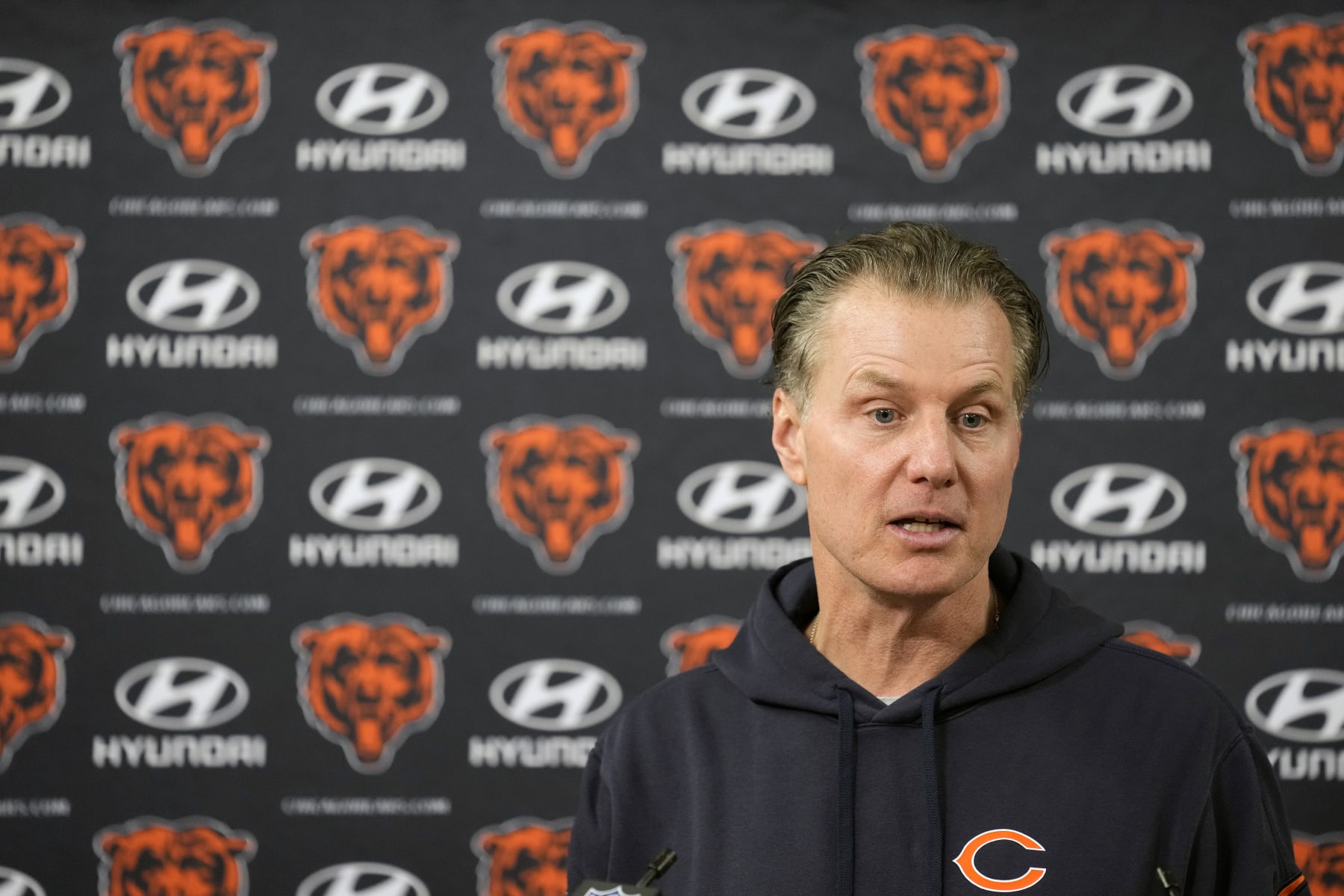 GREEN BAY, WISCONSIN - JANUARY 07: Head coach Matt Eberflus of the Chicago Bears speaks during a press conference after a game against the Green Bay Packers at Lambeau Field on January 07, 2024 in Green Bay, Wisconsin. (Photo by Patrick McDermott/Getty Images)
