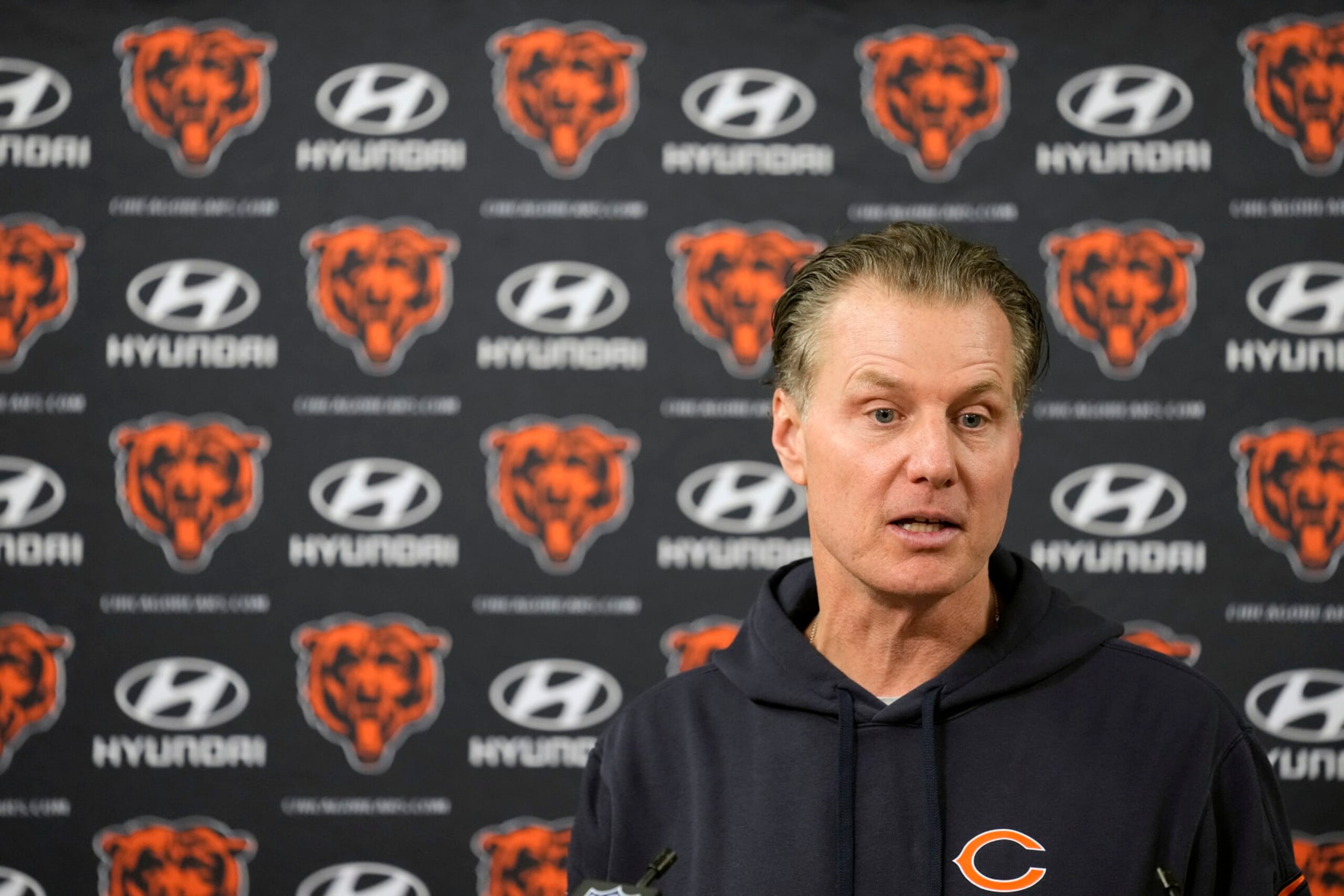 GREEN BAY, WISCONSIN - JANUARY 07: Head coach Matt Eberflus of the Chicago Bears speaks during a press conference after a game against the Green Bay Packers at Lambeau Field on January 07, 2024 in Green Bay, Wisconsin. (Photo by Patrick McDermott/Getty Images)