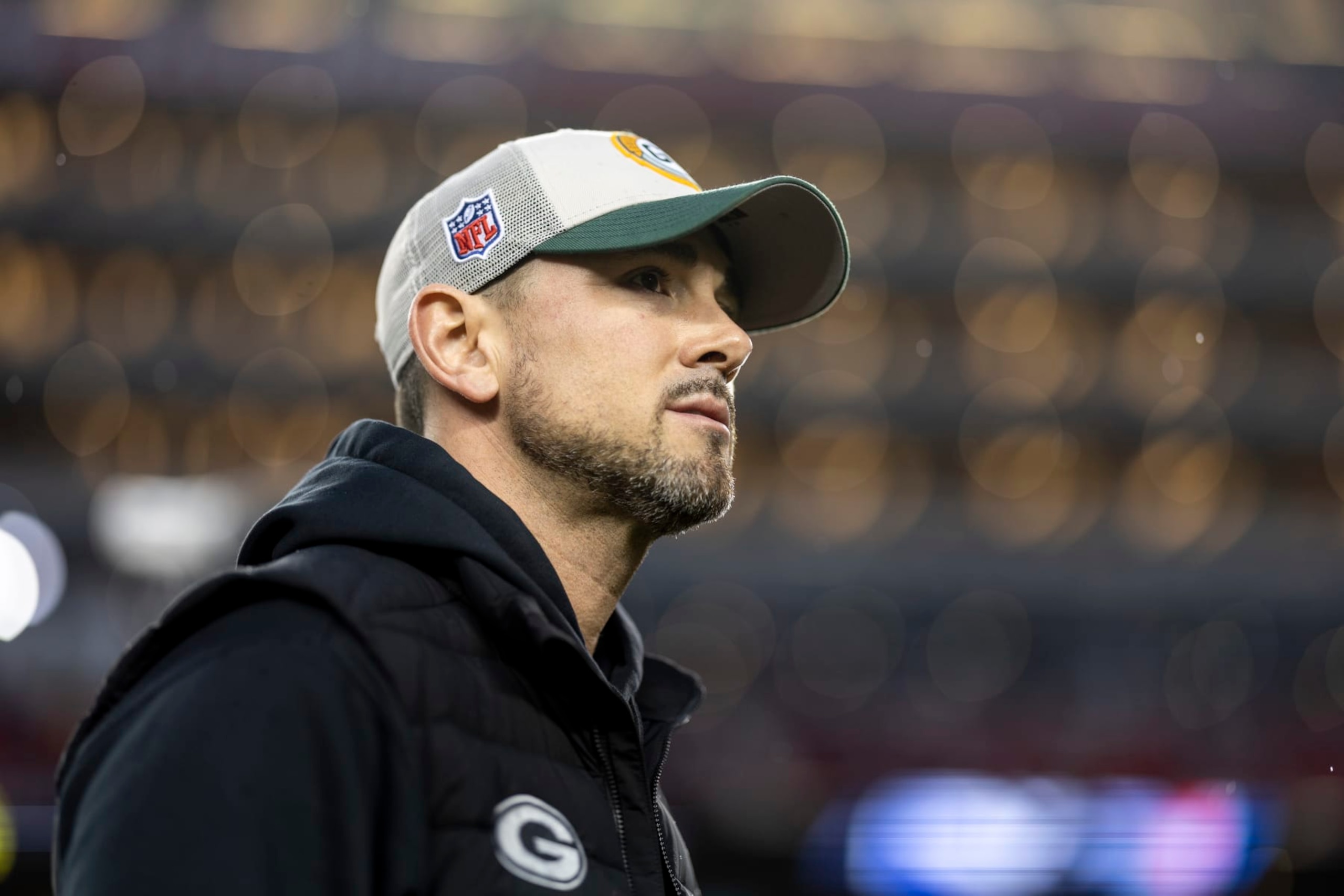 SANTA CLARA, CALIFORNIA - JANUARY 20: Head coach Matt LaFleur of the Green Bay Packers looks on prior to an NFL divisional round playoff football game between the San Francisco 49ers and the Green Bay Packers at Levi's Stadium on January 20, 2024 in Santa Clara, California. (Photo by Michael Owens/Getty Images)