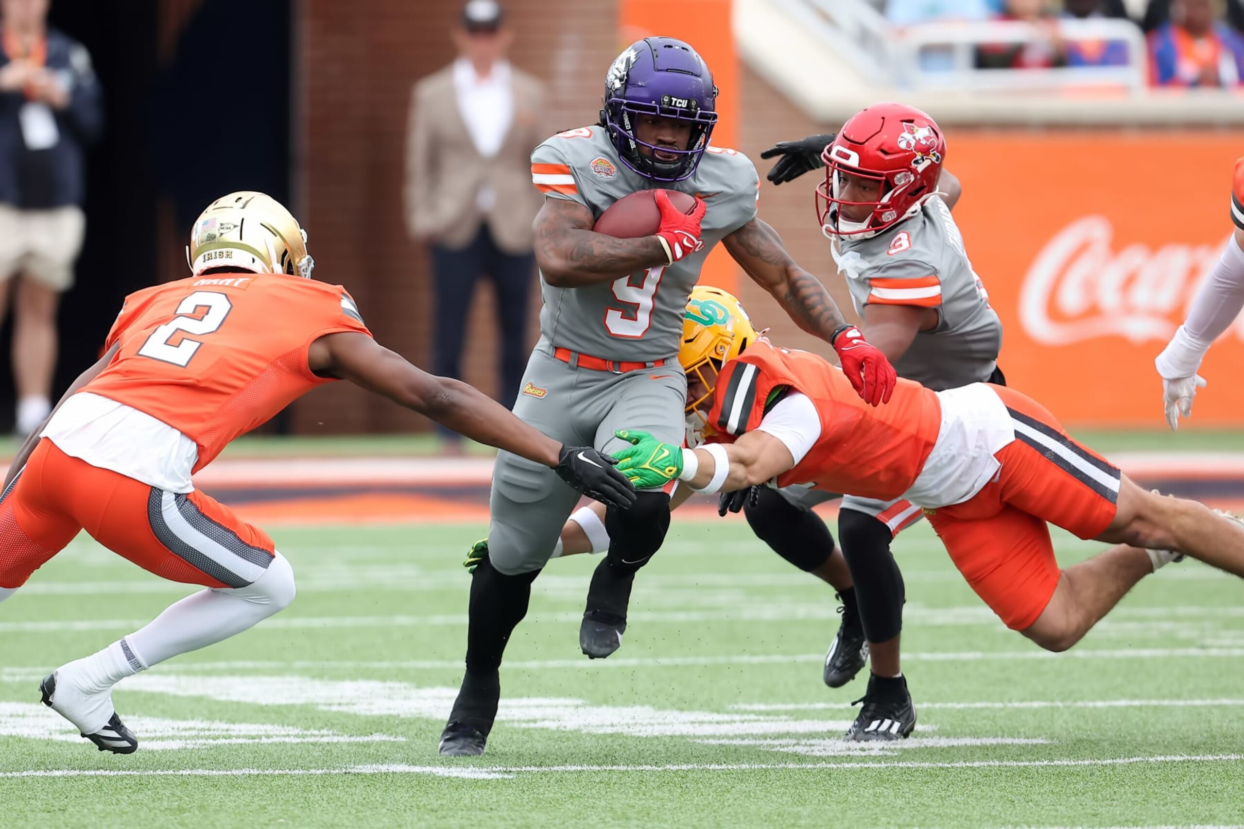 MOBILE, AL - FEBRUARY 03: American running back Emani Bailey of TCU (9) carries the ball during the the 2024 Reese's Senior Bowl on February 3, 2024 at Hancock Whitney Stadium in Mobile, Alabama.  (Photo by Michael Wade/Icon Sportswire via Getty Images)