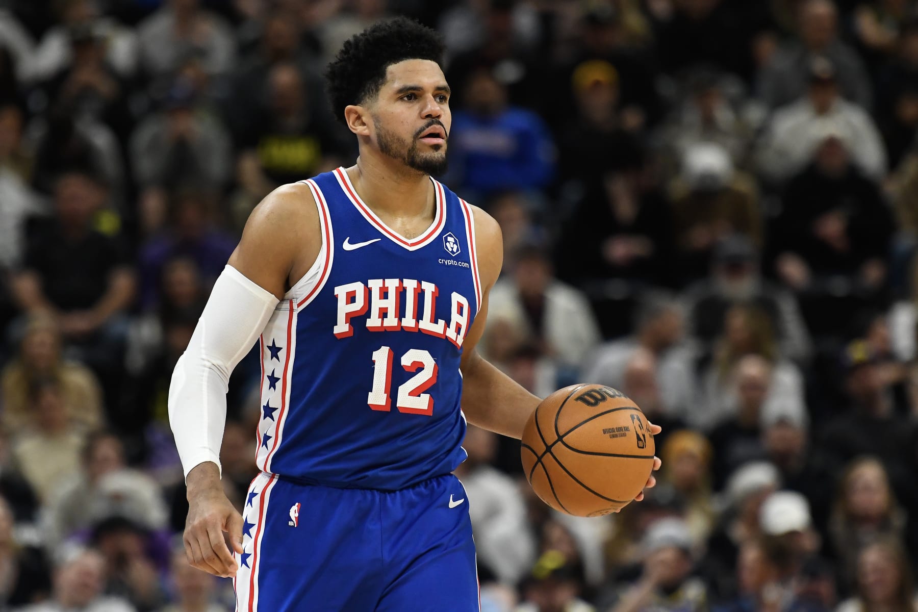 SALT LAKE CITY, UTAH - FEBRUARY 01: Tobias Harris #12 of the Philadelphia 76ers in action during the second half against the Utah Jazz at Delta Center on February 01, 2024 in Salt Lake City, Utah. NOTE TO USER: User expressly acknowledges and agrees that, by downloading and or using this photograph, User is consenting to the terms and conditions of the Getty Images License Agreement. (Photo by Alex Goodlett/Getty Images)
