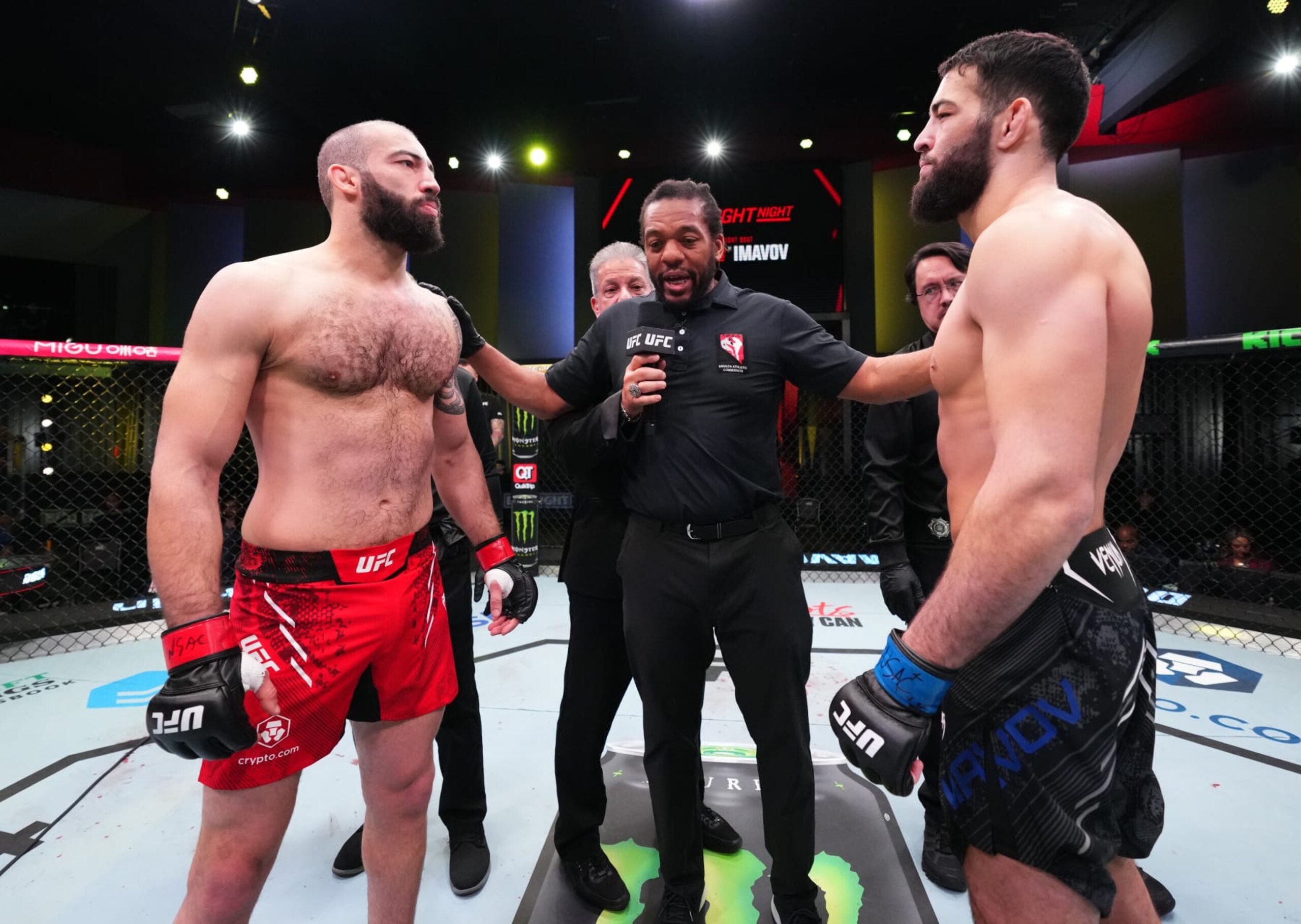 Opponents Roman Dolidze of Georgia and Nassourdine Imavov of Russia face off