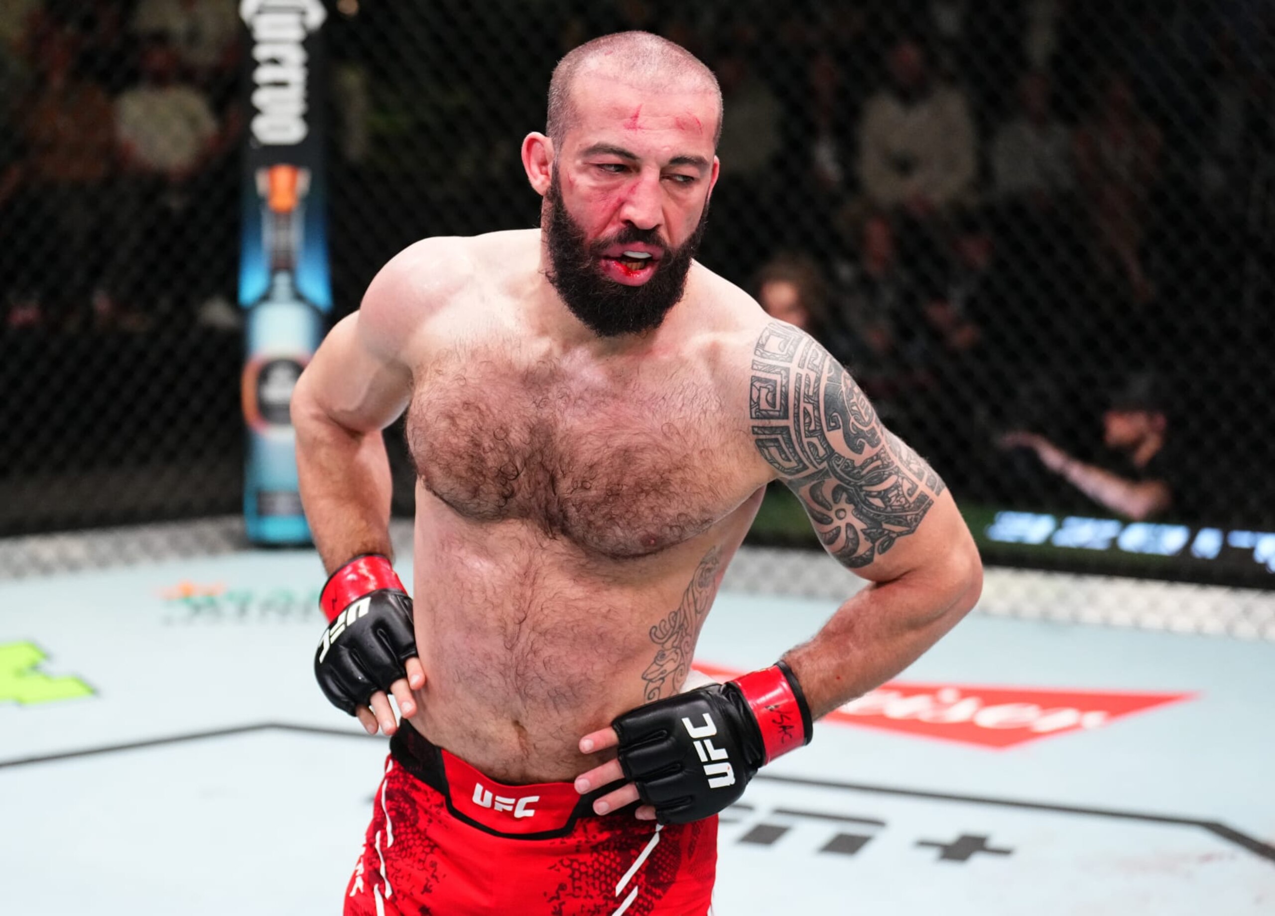Roman Dolidze reacts after the first round of his middleweight fight against Nassourdine Imavov.