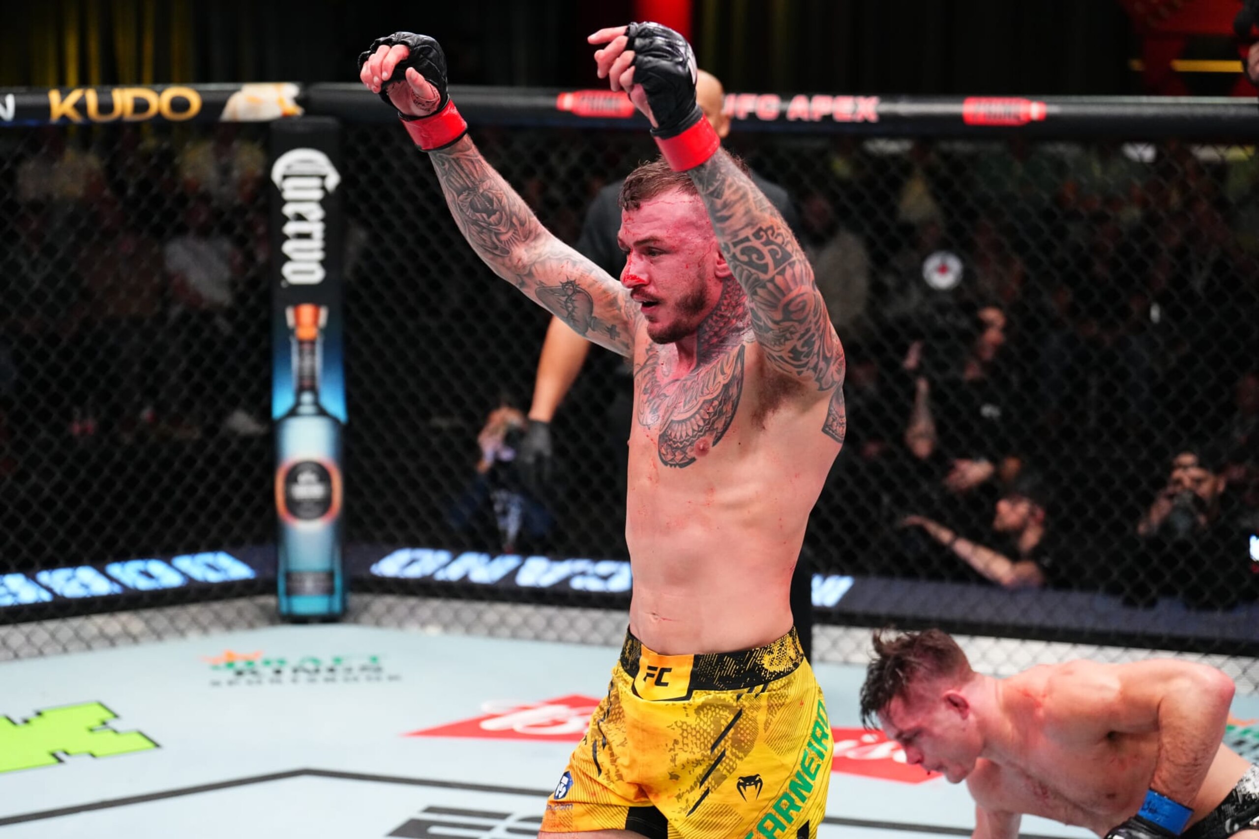 Renato Moicano reacts at the conclusion of his lightweight fight against Drew Dober