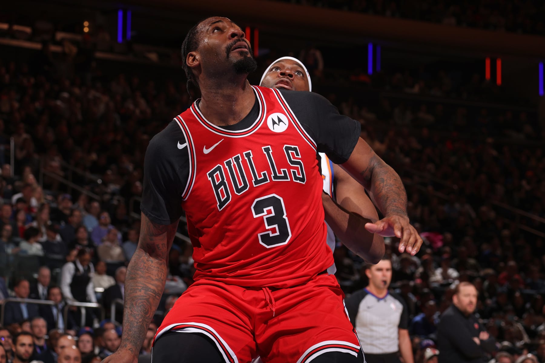 NEW YORK, NY - JANUARY 3:  Andre Drummond #3 of the Chicago Bulls plays defense against the New York Knicks on January 3, 2024 at Madison Square Garden in New York City, New York.  NOTE TO USER: User expressly acknowledges and agrees that, by downloading and or using this photograph, User is consenting to the terms and conditions of the Getty Images License Agreement. Mandatory Copyright Notice: Copyright 2024 NBAE  (Photo by Nathaniel S. Butler/NBAE via Getty Images)