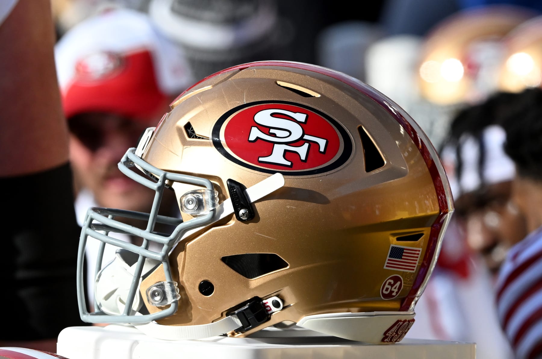 LANDOVER, MARYLAND - DECEMBER 31: A view of a San Francisco 49ers helmet during the game against the Washington Commanders at FedExField on December 31, 2023 in Landover, Maryland. (Photo by G Fiume/Getty Images)