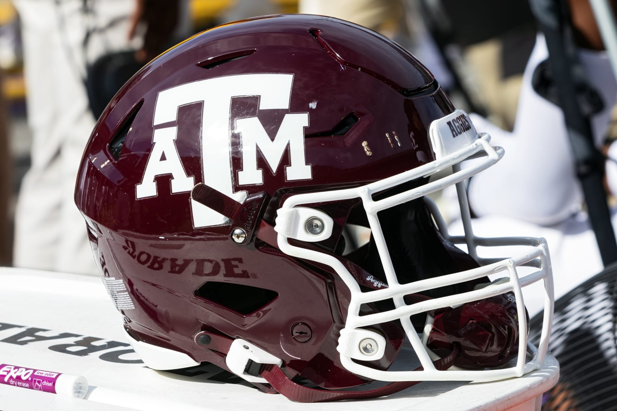 BATON ROUGE, LA - NOVEMBER 25: A Texas A&M helmet rests on the sideline during a game between the Texas A&M Aggies and the LSU Tigers in Tiger Stadium in Baton Rouge, Louisiana on November 25, 2023.(Photo by John Korduner/Icon Sportswire via Getty Images) BATON ROUGE, LA - NOVEMBER 25: A Texas A&M helmet rests on the sideline during a game between the Texas A&M Aggies and the LSU Tigers in Tiger Stadium in Baton Rouge, Louisiana on November 25, 2023.(Photo by John Korduner/Icon Sportswire via Getty Images)