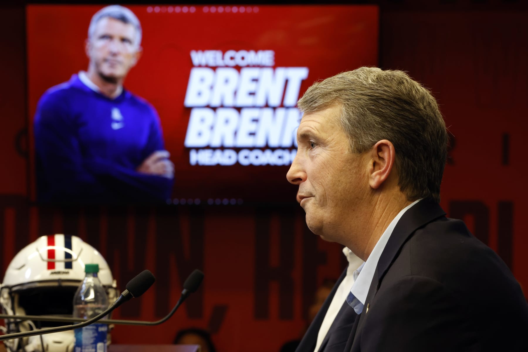 TUCSON, ARIZONA - JANUARY 17: New Arizona Wildcats head coach Brent Brennan speaks during a press conference at Arizona Stadium on January 17, 2024 in Tucson, Arizona. (Photo by Chris Coduto/Getty Images)