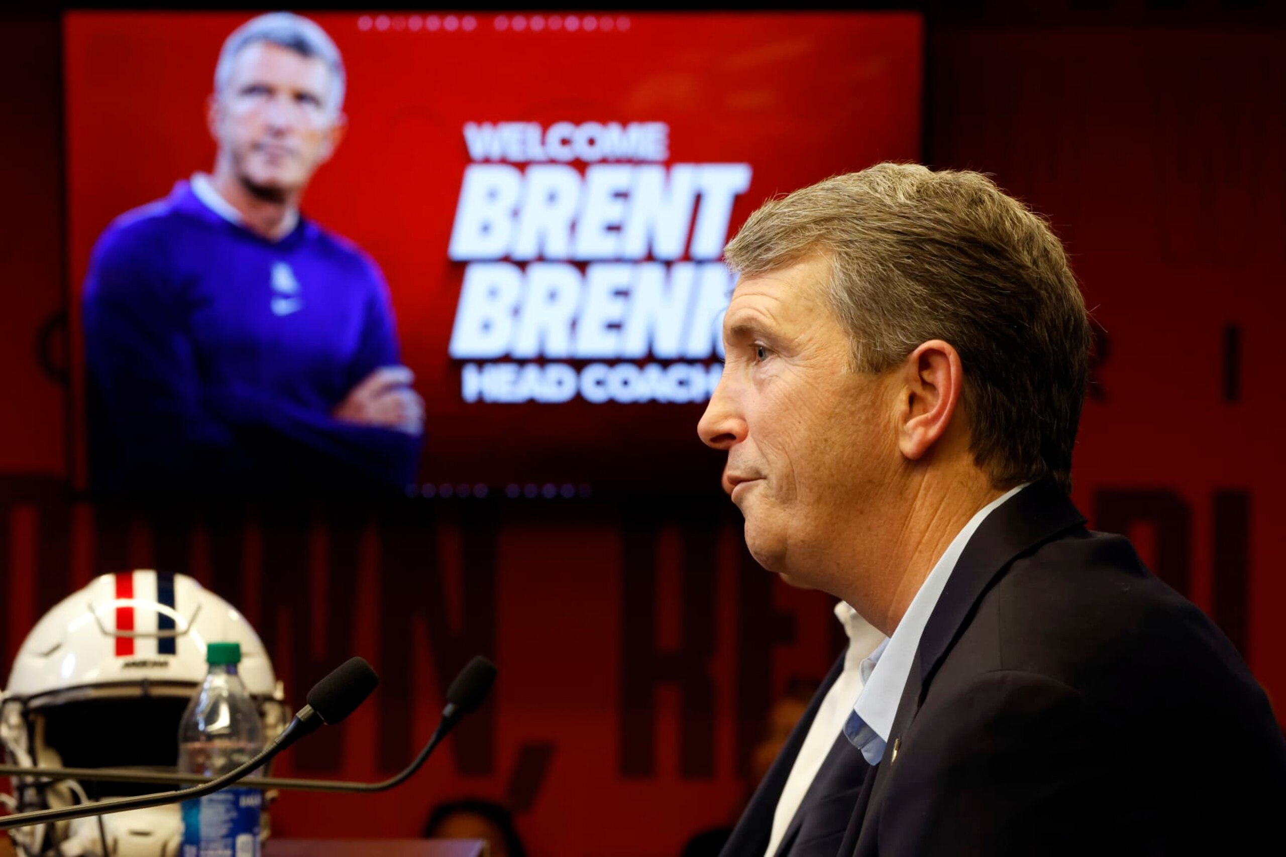 TUCSON, ARIZONA - JANUARY 17: New Arizona Wildcats head coach Brent Brennan speaks during a press conference at Arizona Stadium on January 17, 2024 in Tucson, Arizona. (Photo by Chris Coduto/Getty Images) TUCSON, ARIZONA - JANUARY 17: New Arizona Wildcats head coach Brent Brennan speaks during a press conference at Arizona Stadium on January 17, 2024 in Tucson, Arizona. (Photo by Chris Coduto/Getty Images)