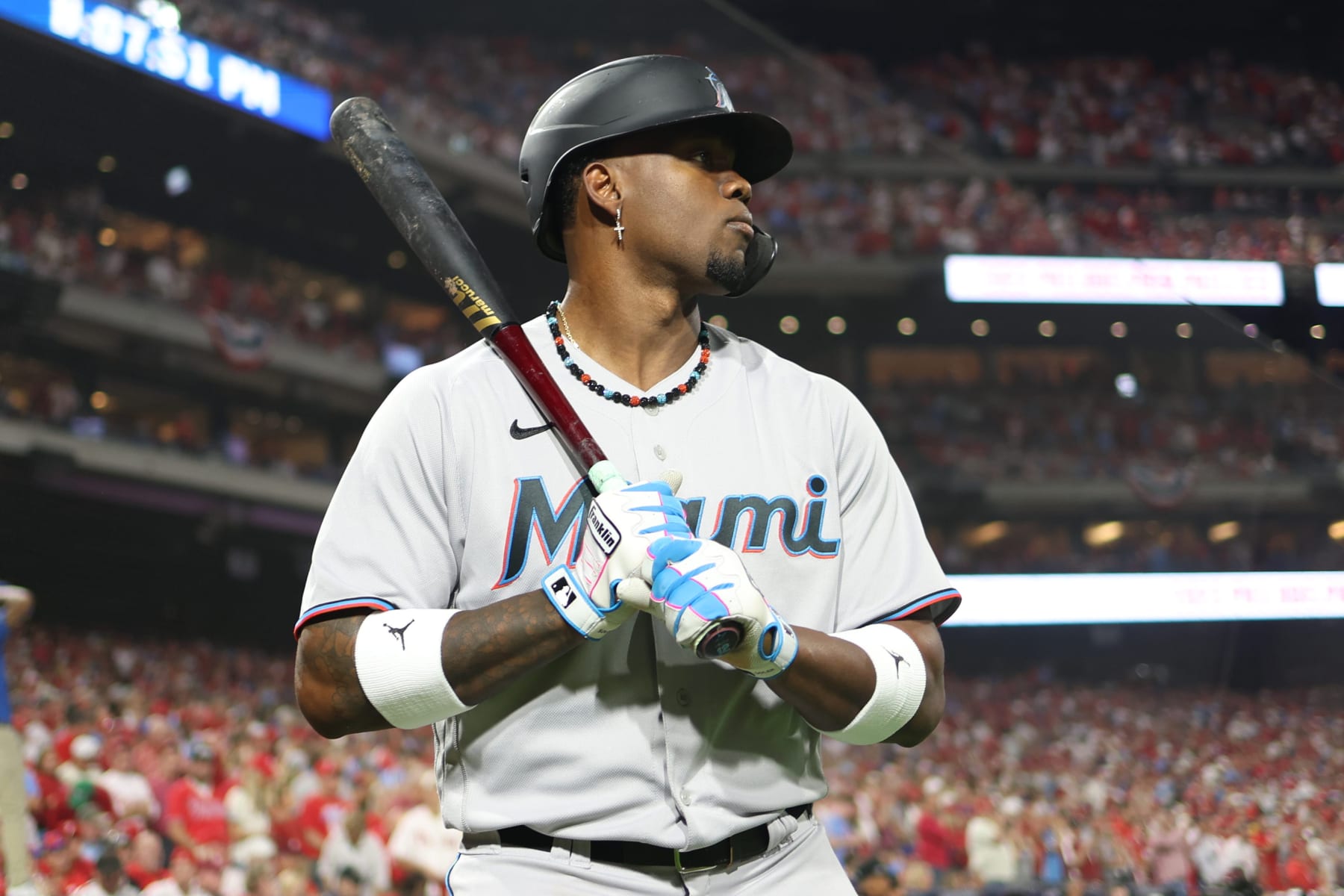 PHILADELPHIA, PA - OCTOBER 03: Jorge Soler #12 of the Miami Marlins prepares to bat during Game 1 of the Wild Card Series between the Miami Marlins and the Philadelphia Phillies at Citizens Bank Park on Tuesday, October 3, 2023 in Philadelphia, Pennsylvania. (Photo by Rob Tringali/MLB Photos via Getty Images)