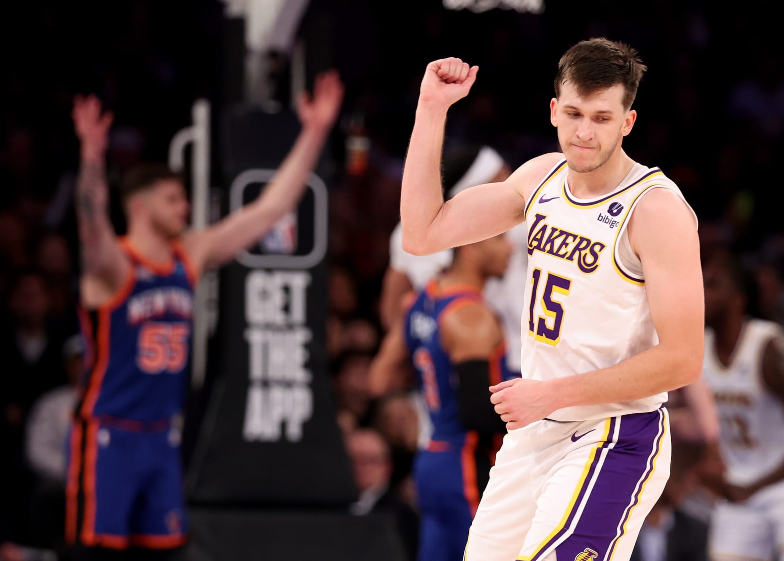 NEW YORK, NEW YORK - FEBRUARY 03: Austin Reaves #15 of the Los Angeles Lakers celebrates a three point shot against the New York Knicks during their game at Madison Square Garden on February 03, 2024 in New York City. User expressly acknowledges and agrees that, by downloading and or using this photograph, User is consenting to the terms and conditions of the Getty Images License Agreement. (Photo by Al Bello/Getty Images) NEW YORK, NEW YORK - FEBRUARY 03: Austin Reaves #15 of the Los Angeles Lakers celebrates a three point shot against the New York Knicks during their game at Madison Square Garden on February 03, 2024 in New York City. User expressly acknowledges and agrees that, by downloading and or using this photograph, User is consenting to the terms and conditions of the Getty Images License Agreement. (Photo by Al Bello/Getty Images)