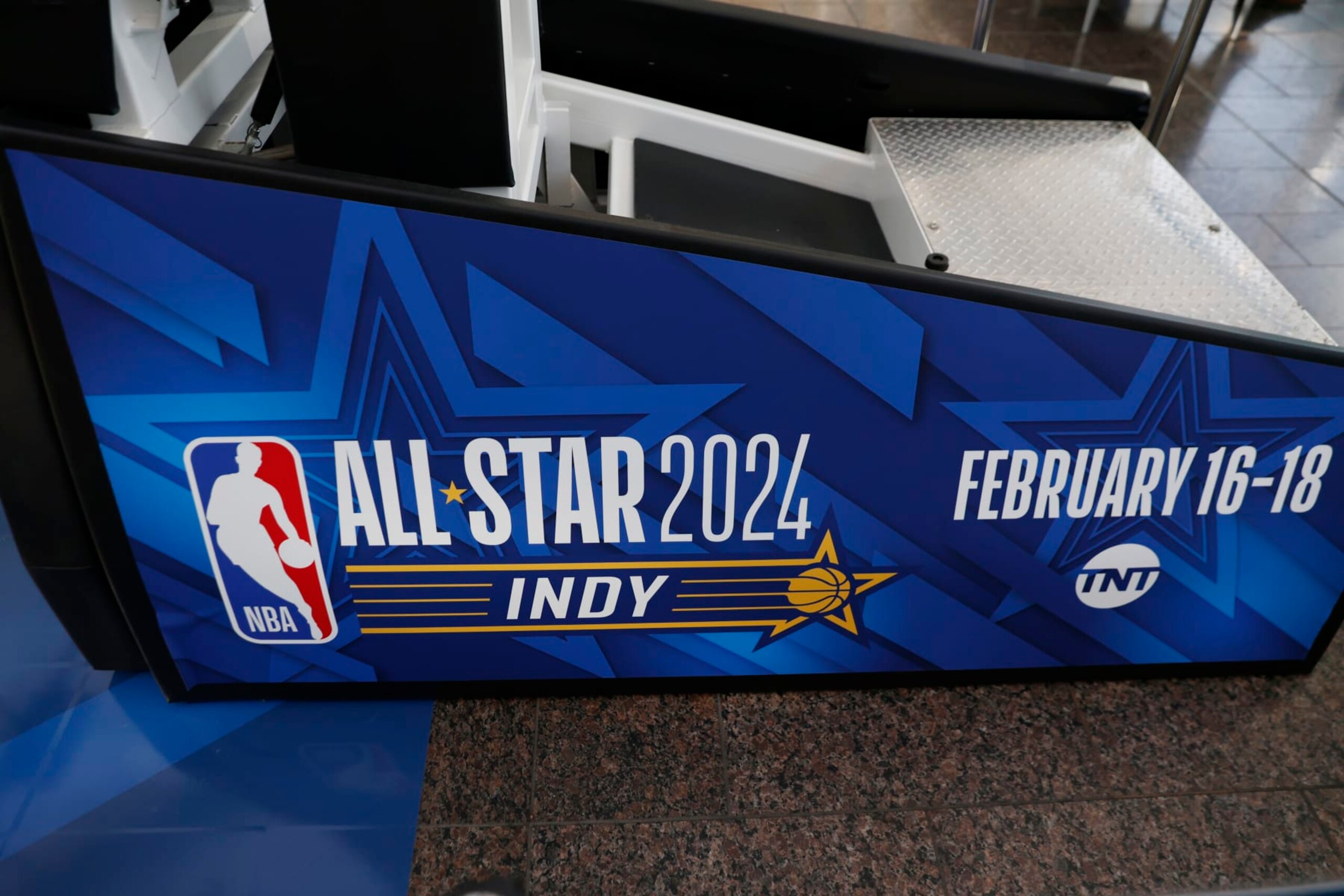 INDIANAPOLIS, IN - FEBRUARY 3: Signage displayed on a basketball goal located on a basketball court built inside the Indianapolis International Airport terminal to commemorate the 2024 NBA Allstar game as seen on February 3, 2024, before the 2024 NBA Allstar Game is played at Gainbridge Fieldhouse in Indianapolis, Indiana. (Photo by Brian Spurlock/Icon Sportswire via Getty Images) INDIANAPOLIS, IN - FEBRUARY 3: Signage displayed on a basketball goal located on a basketball court built inside the Indianapolis International Airport terminal to commemorate the 2024 NBA Allstar game as seen on February 3, 2024, before the 2024 NBA Allstar Game is played at Gainbridge Fieldhouse in Indianapolis, Indiana. (Photo by Brian Spurlock/Icon Sportswire via Getty Images)
