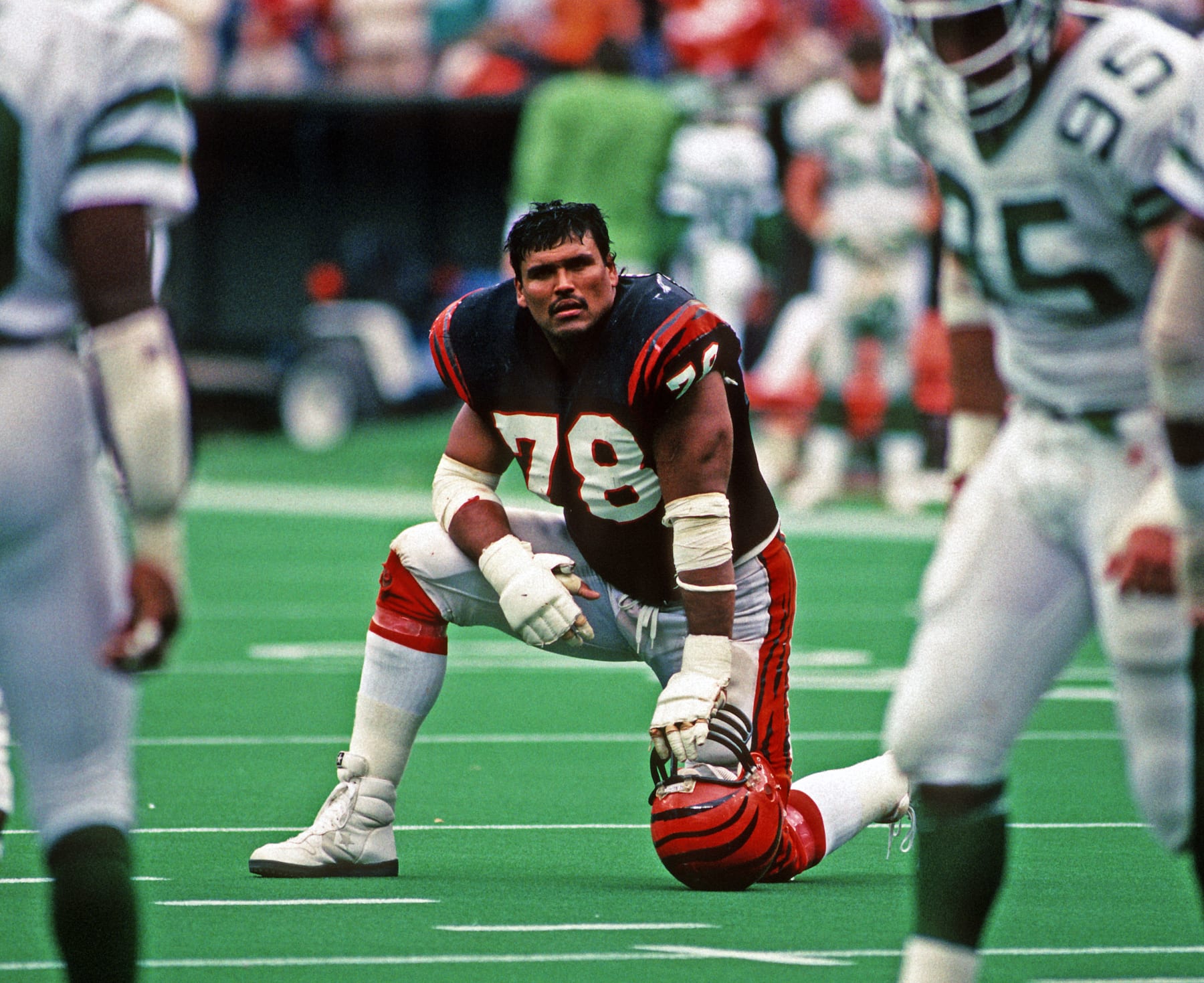 CINCINNATI, OH - OCTOBER 9:  Offensive lineman Anthony Munoz #78 of the Cincinnati Bengals looks on from the field during a game against the New York Jets at Riverfront Stadium on October 9, 1988 in Cincinnati, Ohio.  The Bengals defeated the Jets 36-19.  (Photo by George Gojkovich/Getty Images)