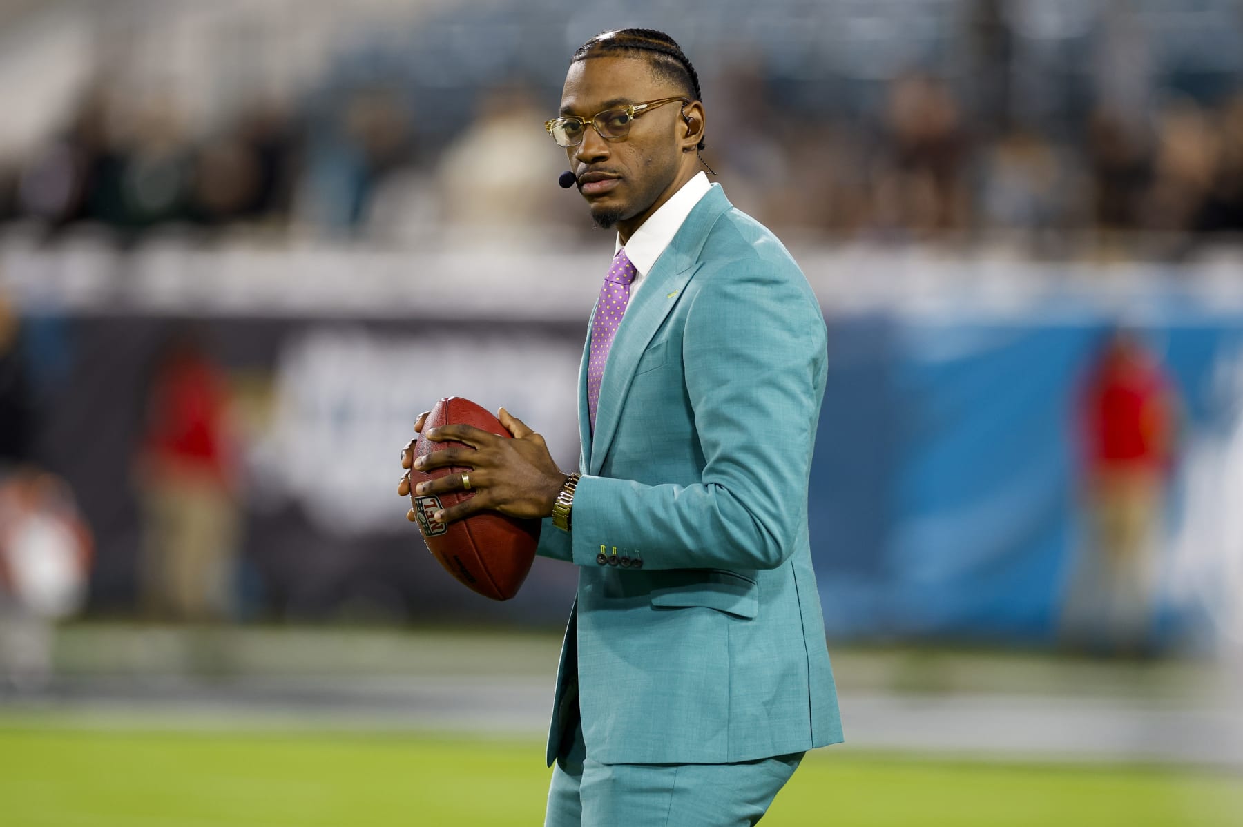 JACKSONVILLE, FL - DECEMBER 04: Robert Griffin III, former NFL quarterback and TV analyst for ESPN, looks on before the game between the Jacksonville Jaguars and the Cincinnati Bengals on December 4, 2023 at EverBank Stadium in Jacksonville, Fl. (Photo by David Rosenblum/Icon Sportswire via Getty Images)