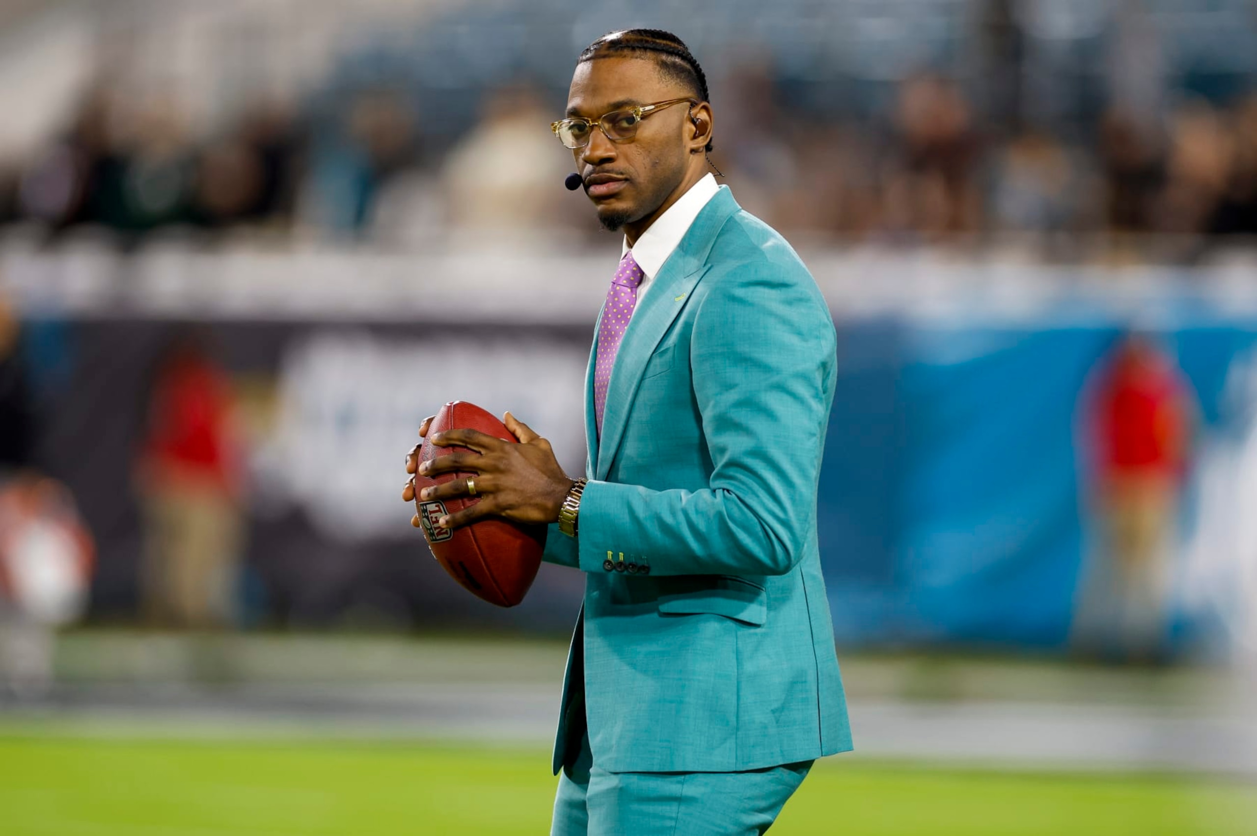 JACKSONVILLE, FL - DECEMBER 04: Robert Griffin III, former NFL quarterback and TV analyst for ESPN, looks on before the game between the Jacksonville Jaguars and the Cincinnati Bengals on December 4, 2023 at EverBank Stadium in Jacksonville, Fl. (Photo by David Rosenblum/Icon Sportswire via Getty Images)