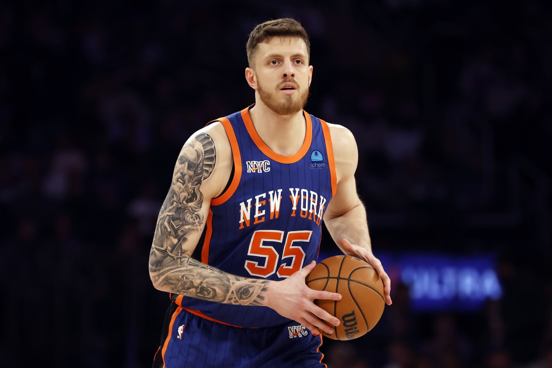 NEW YORK, NEW YORK - JANUARY 20: Isaiah Hartenstein #55 of the New York Knicks dribbles during the first half against the Toronto Raptors at Madison Square Garden on January 20, 2024 in New York City. NOTE TO USER: User expressly acknowledges and agrees that, by downloading and/or using this Photograph, user is consenting to the terms and conditions of the Getty Images License Agreement. (Photo by Sarah Stier/Getty Images)