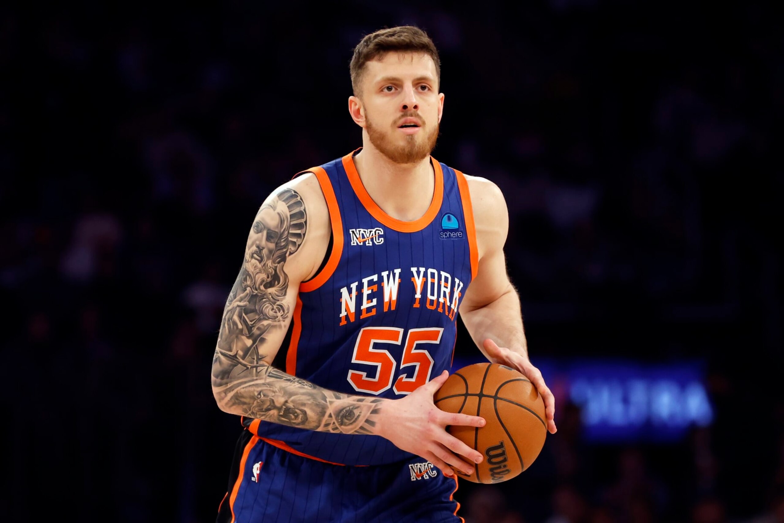 NEW YORK, NEW YORK - JANUARY 20: Isaiah Hartenstein #55 of the New York Knicks dribbles during the first half against the Toronto Raptors at Madison Square Garden on January 20, 2024 in New York City. NOTE TO USER: User expressly acknowledges and agrees that, by downloading and/or using this Photograph, user is consenting to the terms and conditions of the Getty Images License Agreement. (Photo by Sarah Stier/Getty Images)