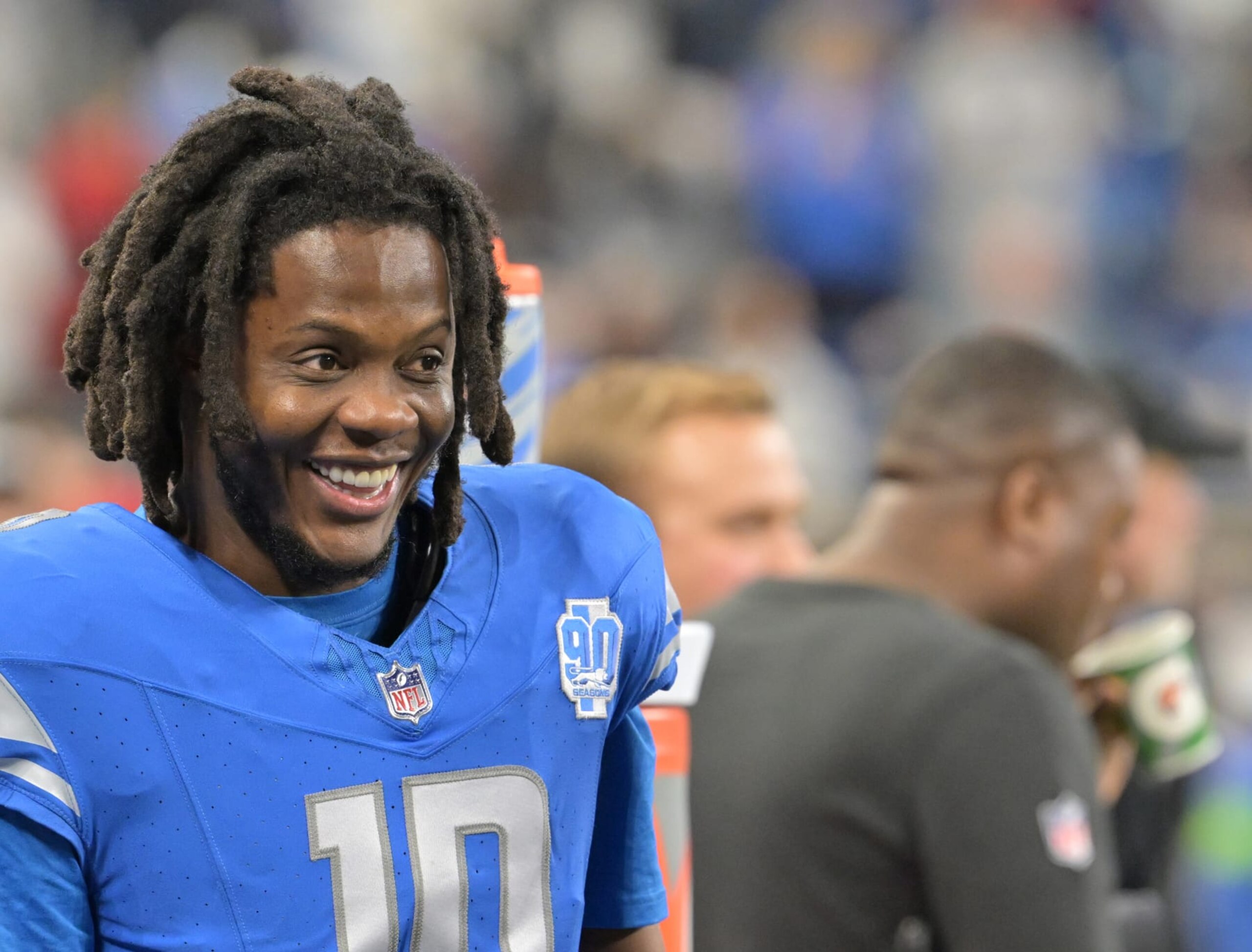 DETROIT, MICHIGAN - DECEMBER 16: Detroit Lions quarterback Teddy Bridgewater (10) recently told the press that he would retire at the end of the season. Bridgewater talks with teammate during the second half of the game at Ford Field in Detroit, Michigan on December 16, 2023. The Detroit Lions beat the Denver Broncos 42-17 during week 15 of 2023 NFL season. (Photo by RJ Sangosti/MediaNews Group/The Denver Post via Getty Images)