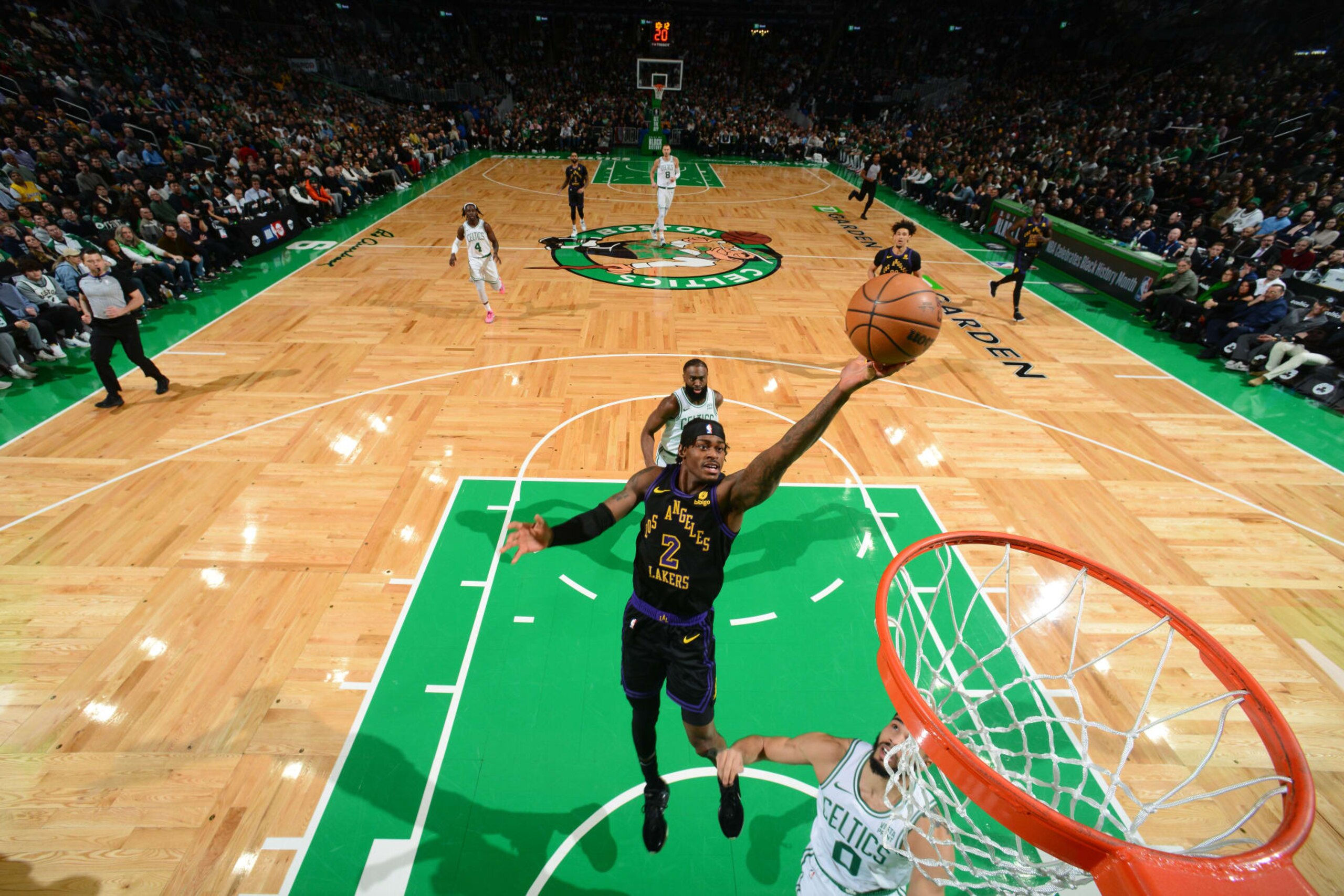 BOSTON, MA - FEBRUARY 1: Jarred Vanderbilt #2 of the Los Angeles Lakers drives to the basket during the game  against the Boston Celtics on February 1, 2024 at the TD Garden in Boston, Massachusetts. NOTE TO USER: User expressly acknowledges and agrees that, by downloading and or using this photograph, User is consenting to the terms and conditions of the Getty Images License Agreement. Mandatory Copyright Notice: Copyright 2024 NBAE  (Photo by Brian Babineau/NBAE via Getty Images)