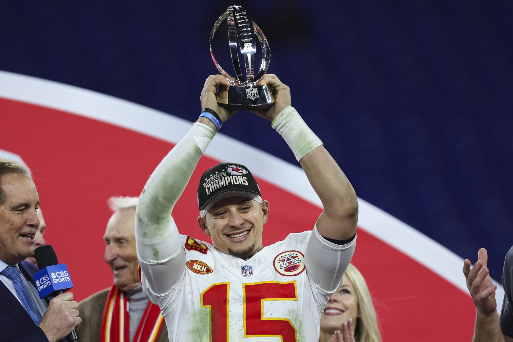 BALTIMORE, MD - JANUARY 28: Patrick Mahomes #15 of the Kansas City Chiefs celebrates after the AFC Championship NFL football game against the Baltimore Ravens at M&T Bank Stadium on January 28, 2024 in Baltimore, Maryland. (Photo by Perry Knotts/Getty Images)