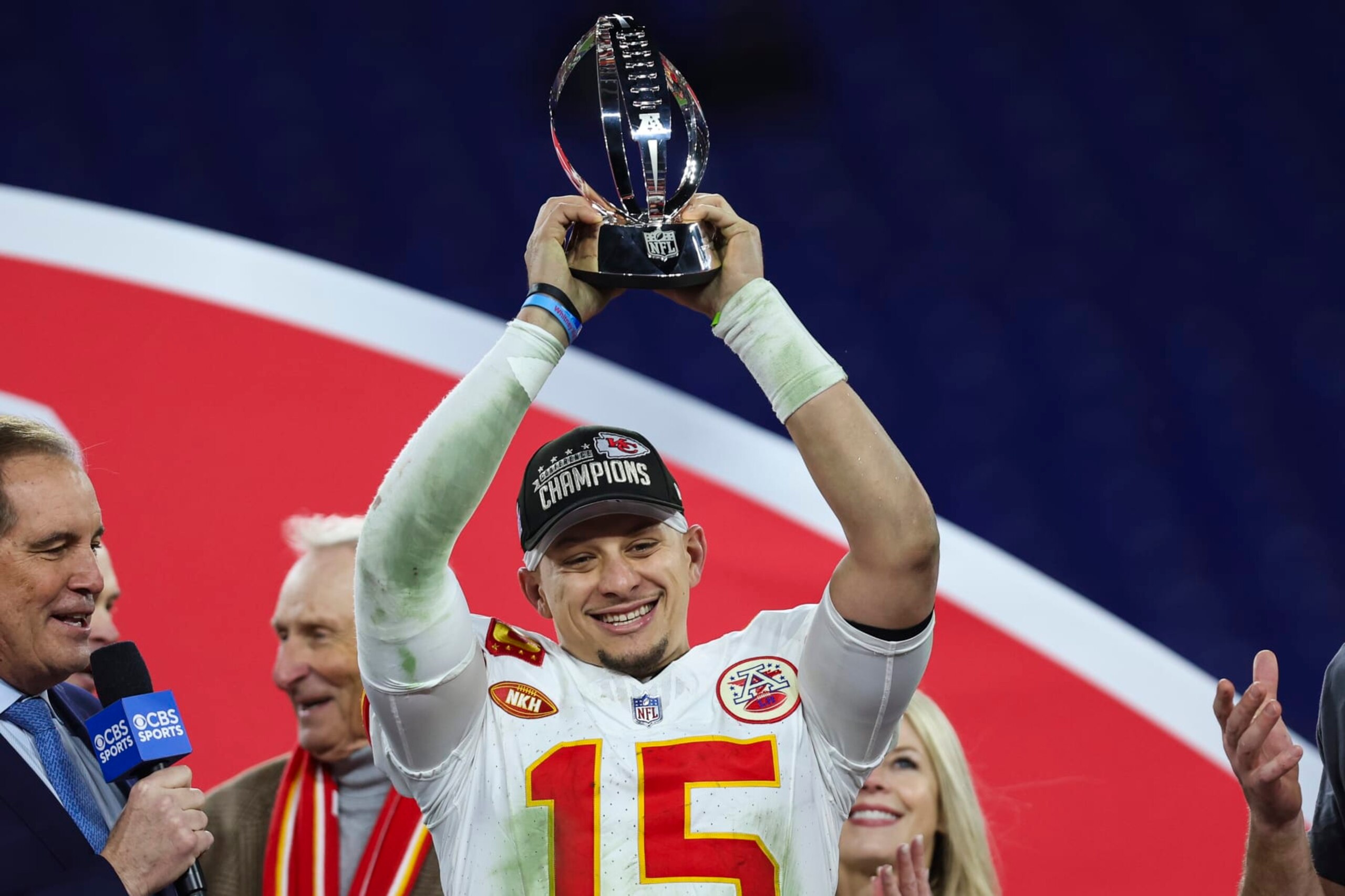 BALTIMORE, MD - JANUARY 28: Patrick Mahomes #15 of the Kansas City Chiefs celebrates after the AFC Championship NFL football game against the Baltimore Ravens at M&T Bank Stadium on January 28, 2024 in Baltimore, Maryland. (Photo by Perry Knotts/Getty Images)