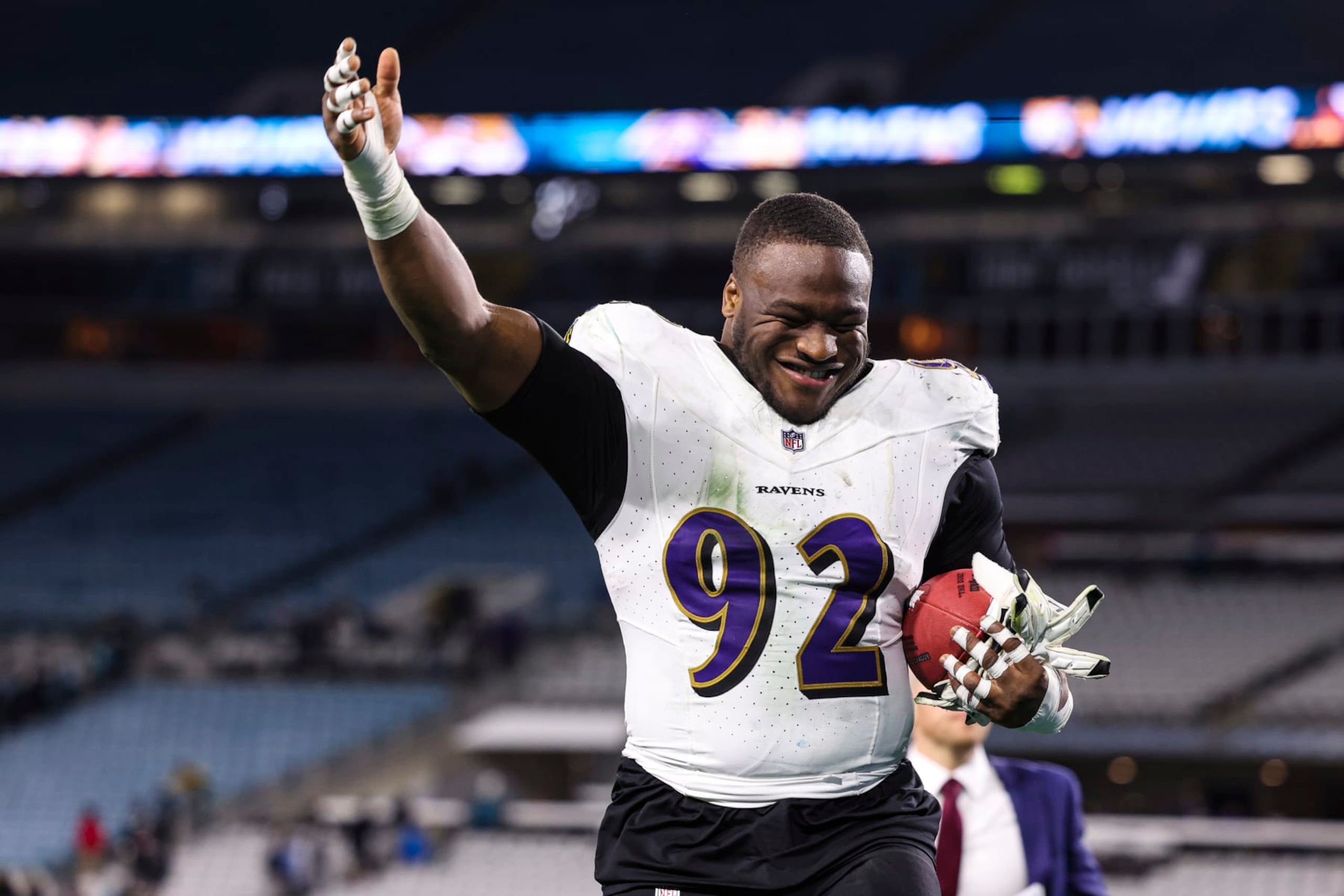 JACKSONVILLE, FL - DECEMBER 17: Justin Madubuike #92 of the Baltimore Ravens celebrates after an NFL football game against the Jacksonville Jaguars at EverBank Stadium on December 17, 2023 in Jacksonville, Florida. (Photo by Perry Knotts/Getty Images)