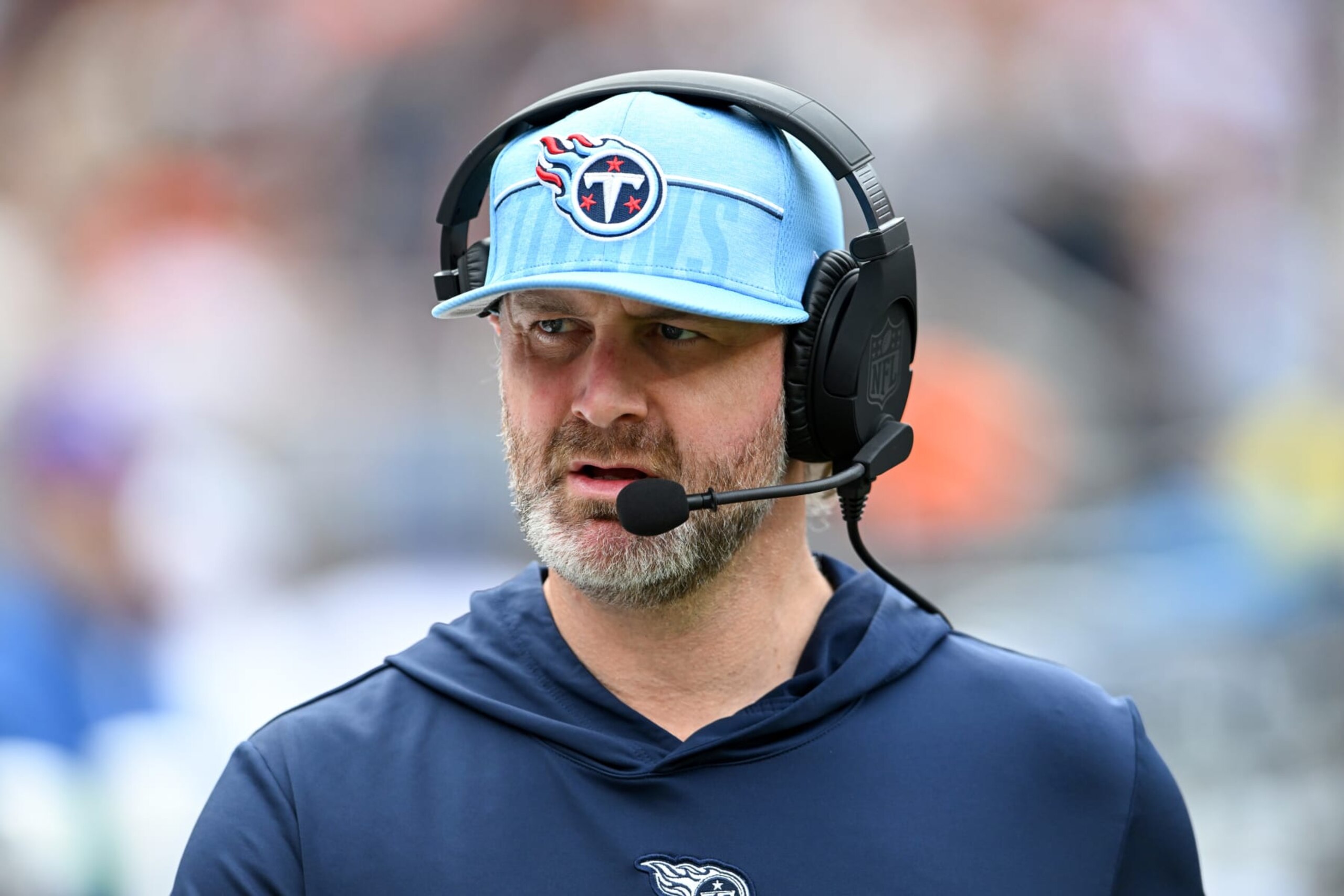 CLEVELAND, OHIO - SEPTEMBER 24: Defensive coordinator Shane Bowen of the Tennessee Titans looks on prior to a game against the Cleveland Browns at Cleveland Browns Stadium on September 24, 2023 in Cleveland, Ohio. (Photo by Nick Cammett/Diamond Images via Getty Images)